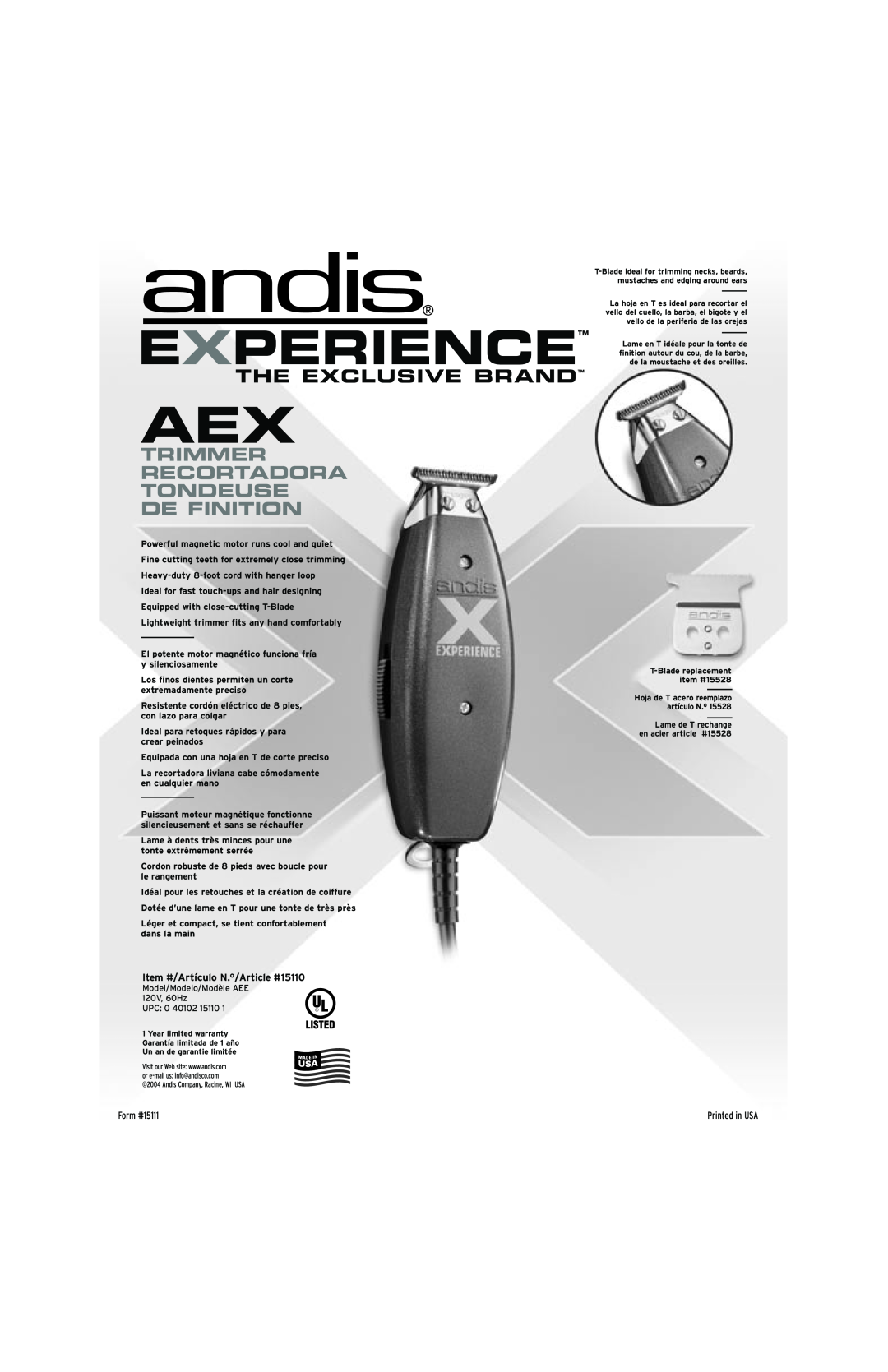 Andis Company AEE 120V manual Experience, The Exclusive Brand, Trimmer Recortadora Tondeuse De Finition, Form #15111 