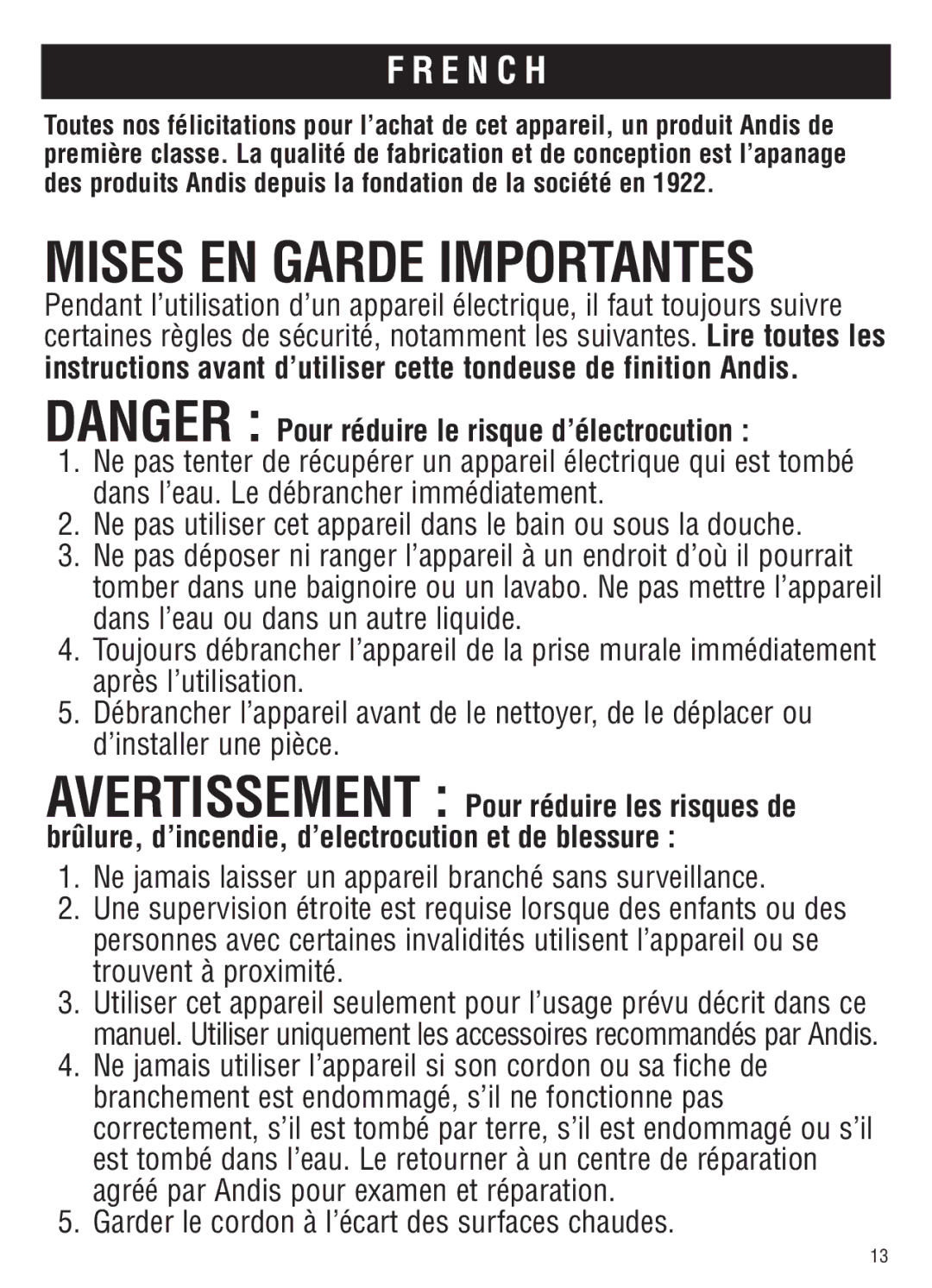 Andis Company AGC2 manual Mises EN Garde Importantes 