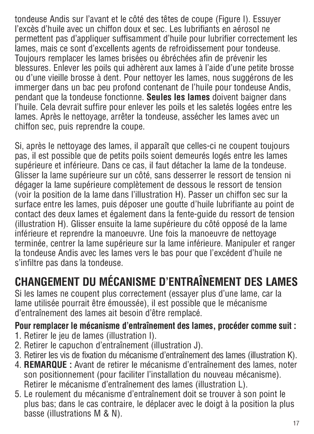 Andis Company AGC2 manual Changement du mécanisme d’entraînement des lames 