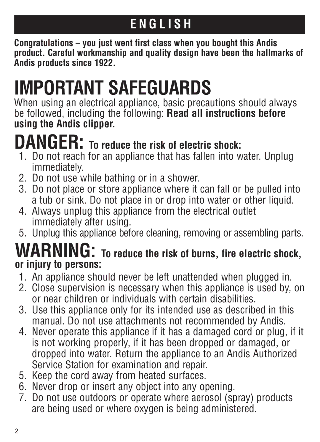 Andis Company AGC2 manual Important safeguards 