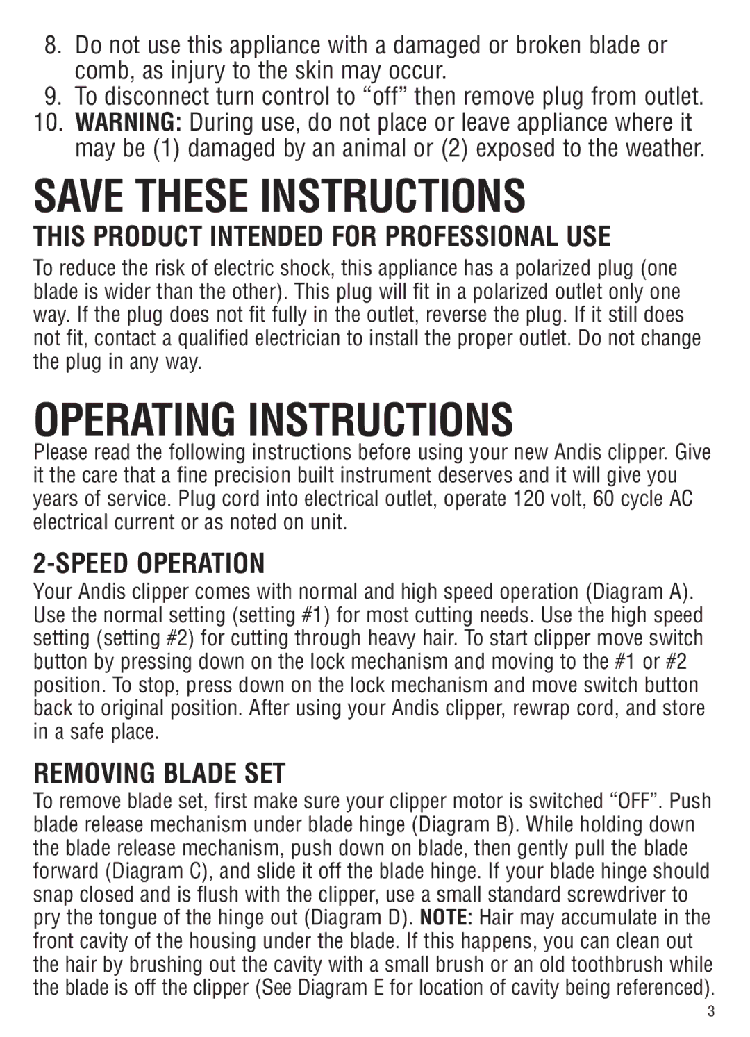 Andis Company AGC2 Operating Instructions, This Product Intended for Professional USE, Speed Operation, Removing blade set 