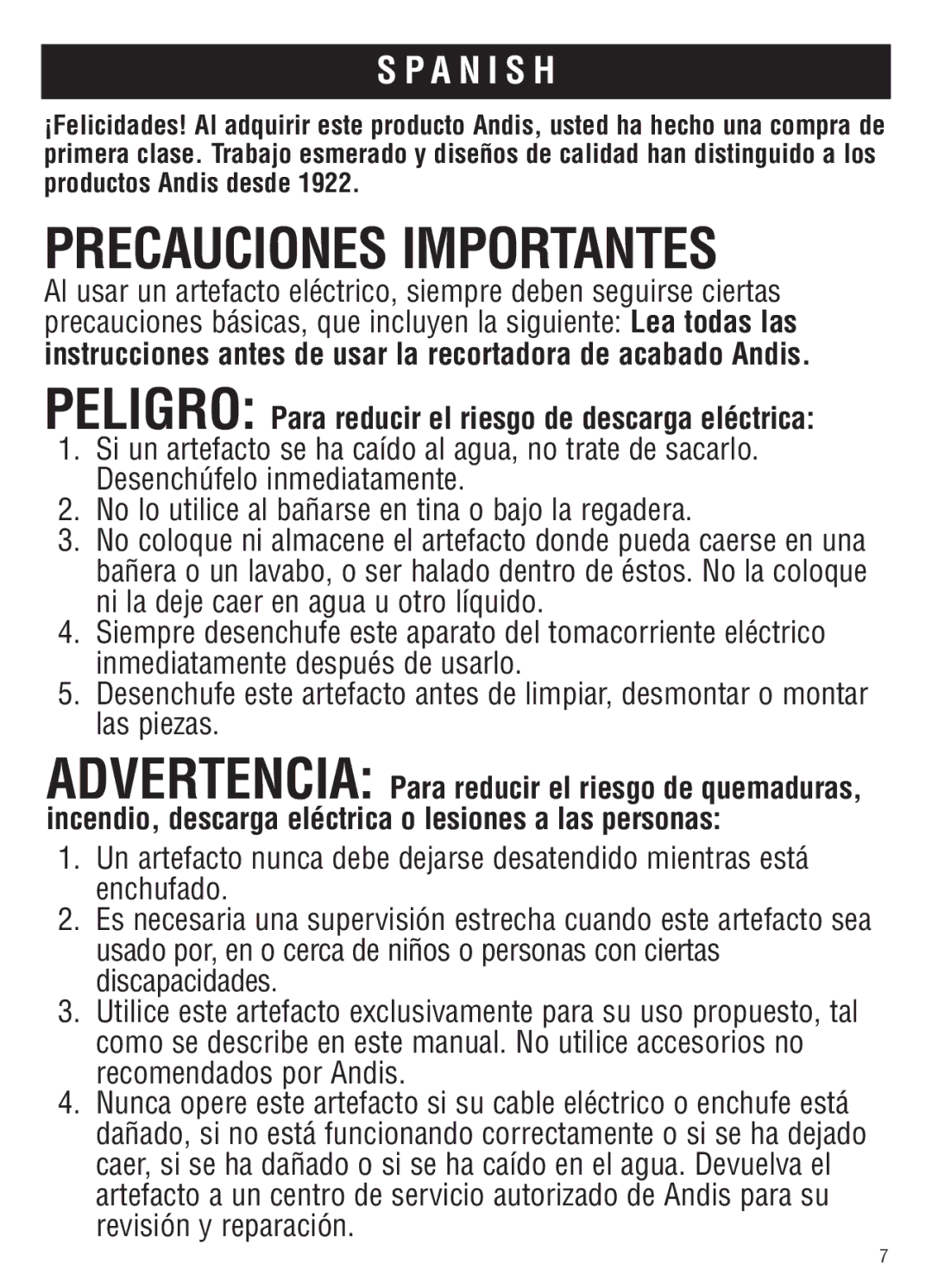 Andis Company AGC2 manual Precauciones Importantes, A N I S H 