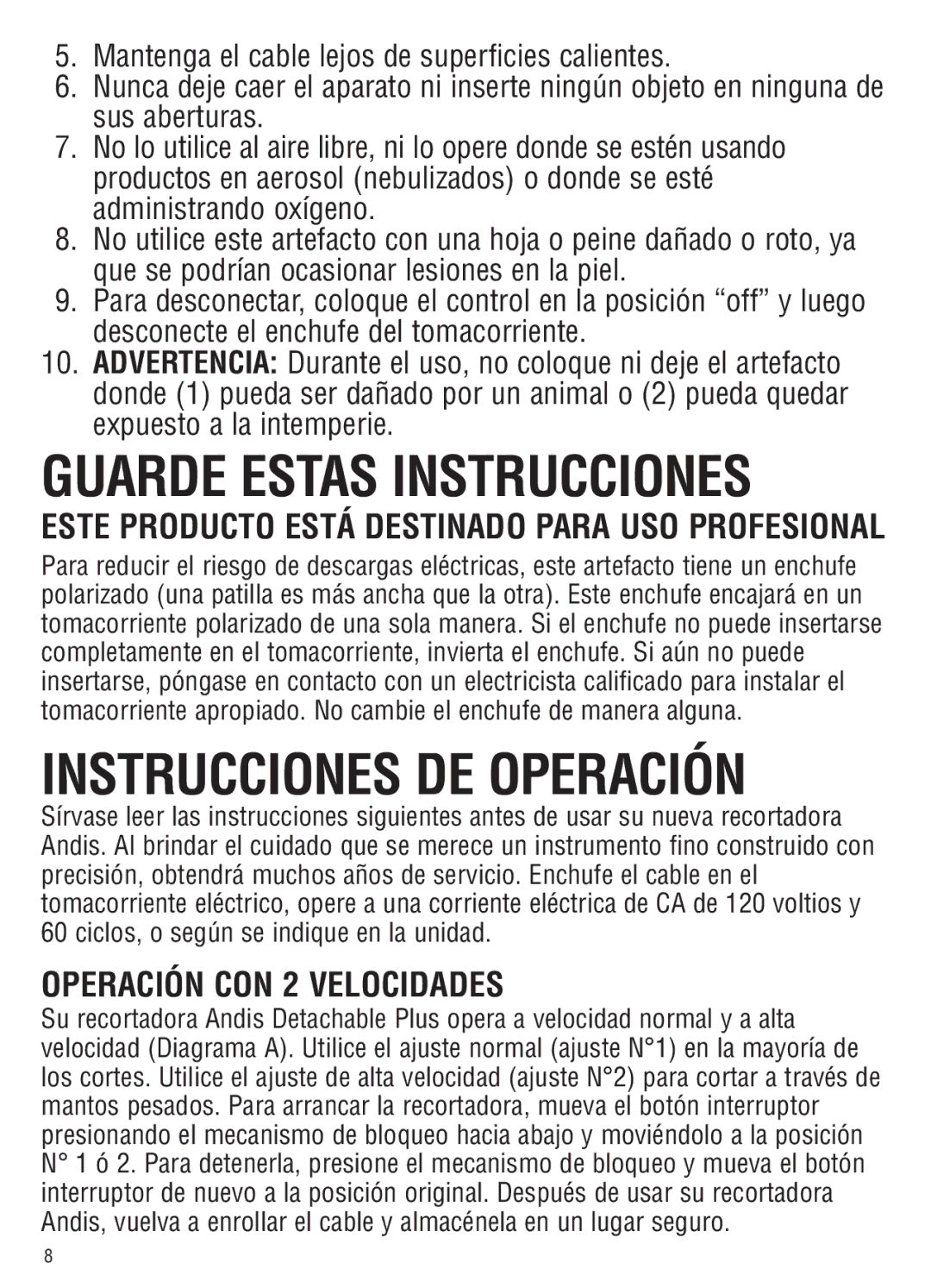 Andis Company AGC2 manual Instrucciones DE Operación, Operación CON 2 Velocidades 