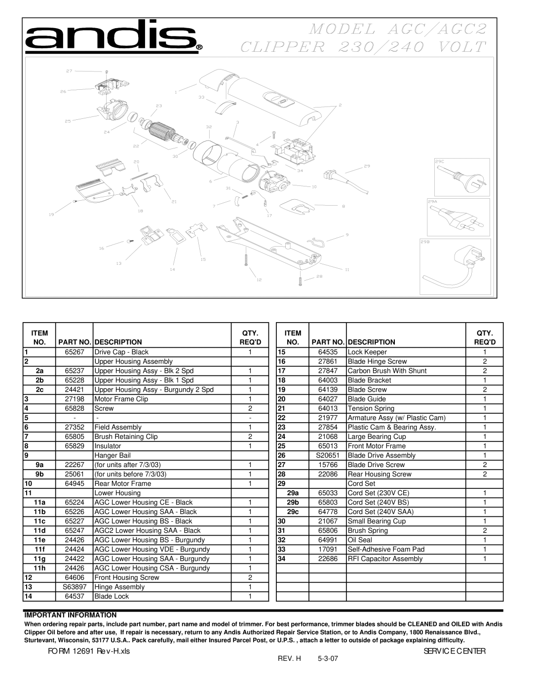 Andis Company AGC/AGC2 manual QTY Description Reqd, Important Information 