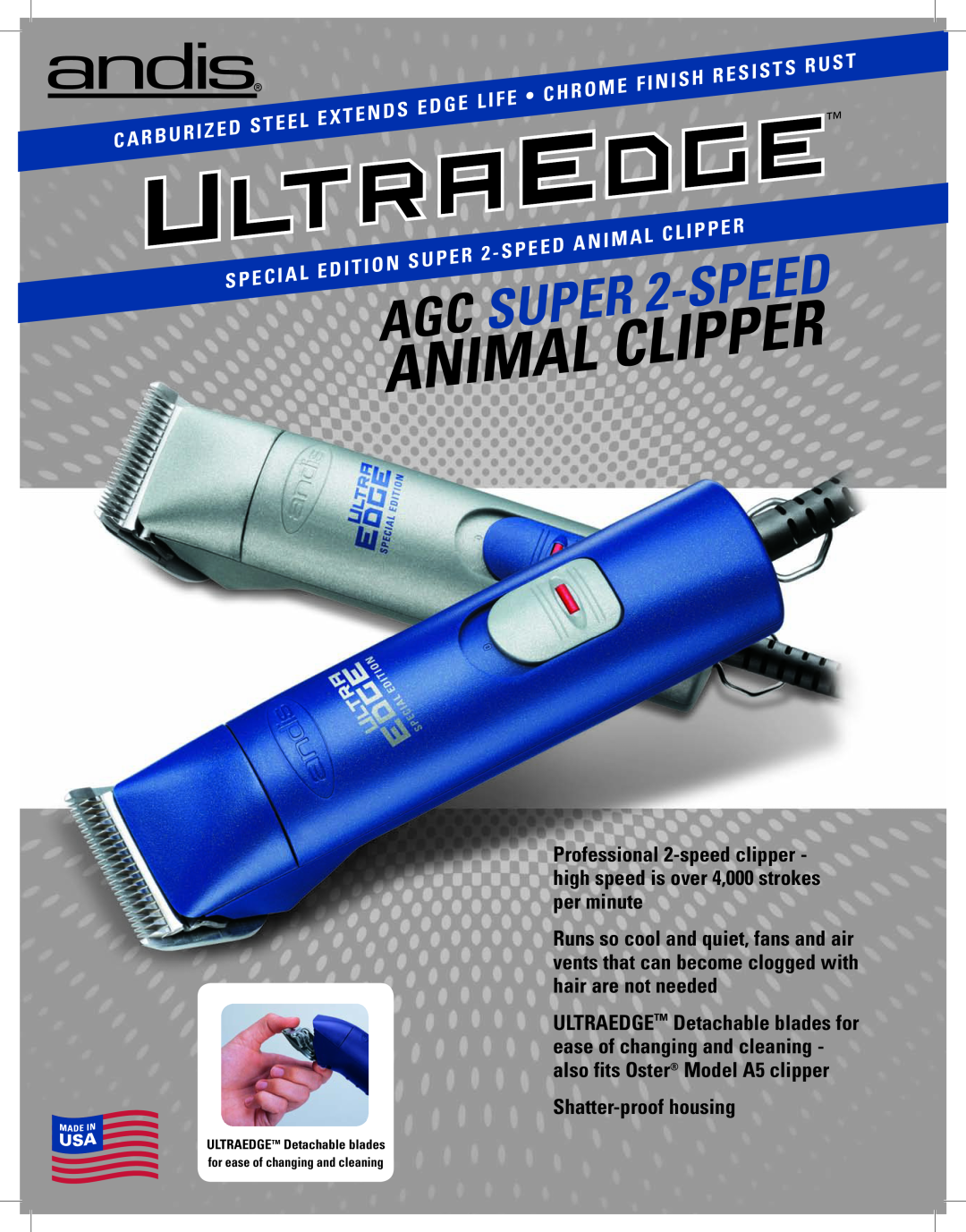 Andis Company AGCL manual Animal, Clipper, Agc Super, Speed, Shatter-proofhousing, Finish, Resists, Chrome, Edge, Life 