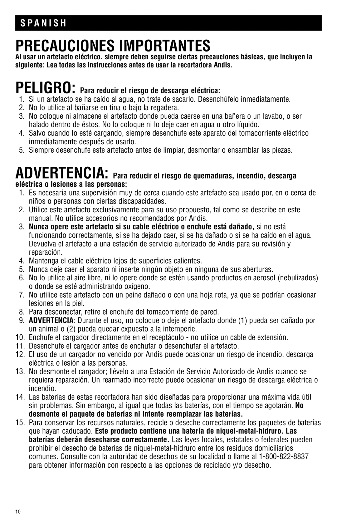 Andis Company AGRC manual Precauciones importantes, Peligro Para reducir el riesgo de descarga eléctrica 