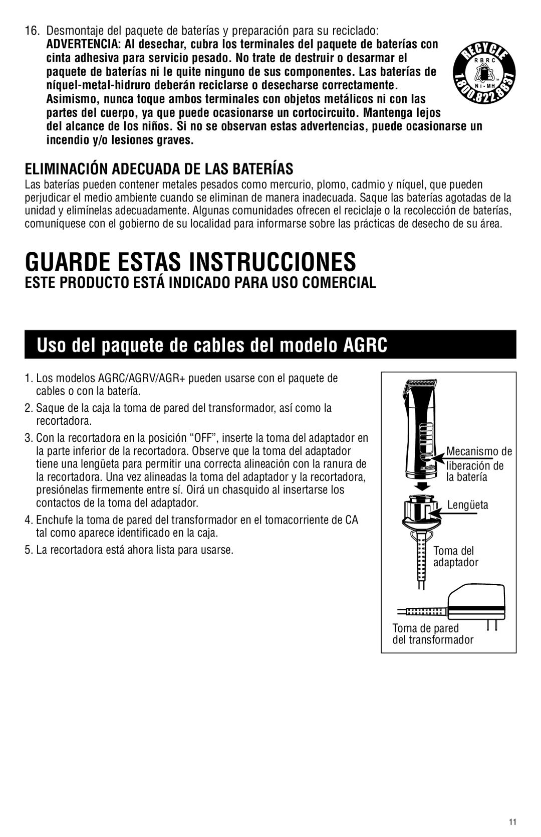 Andis Company AGRC manual Guarde Estas Instrucciones, Uso del paquete de cables del modelo Agrc 