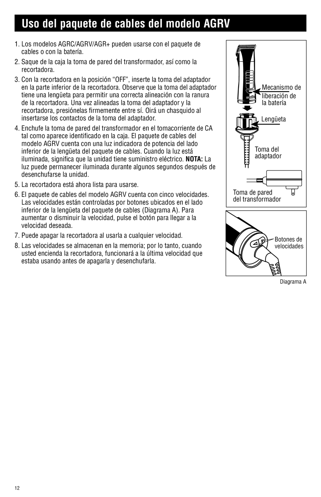 Andis Company AGRC manual Uso del paquete de cables del modelo Agrv 