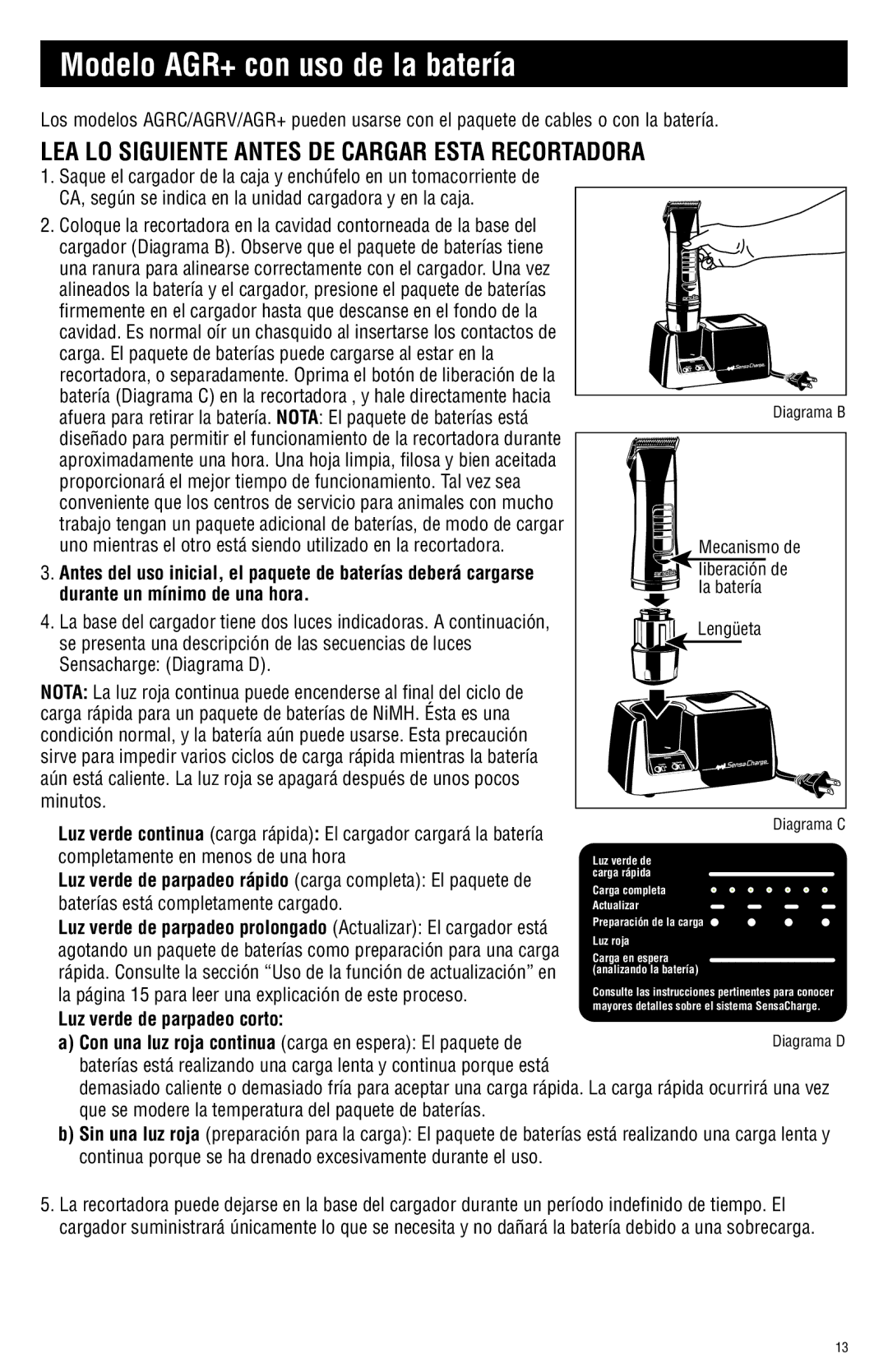 Andis Company AGRC manual Modelo AGR+ con uso de la batería, LEA LO Siguiente Antes DE Cargar Esta Recortadora 