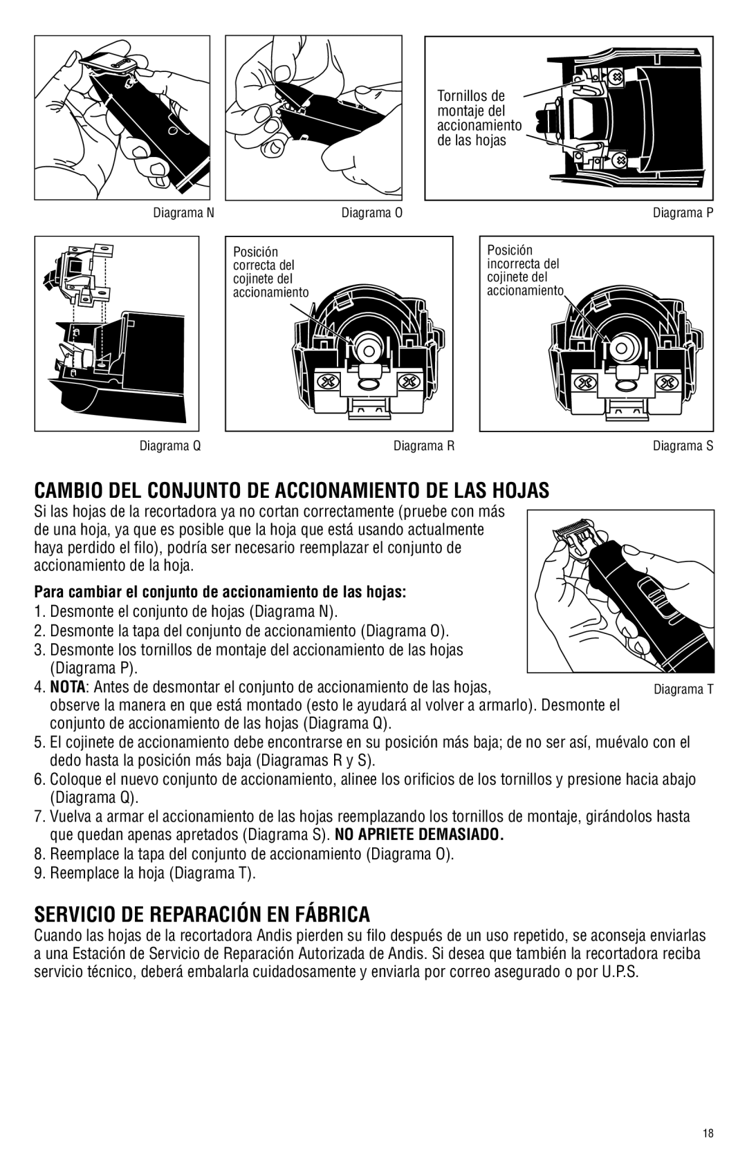 Andis Company AGRC manual Cambio DEL Conjunto DE Accionamiento DE LAS Hojas, Servicio DE Reparación EN Fábrica 