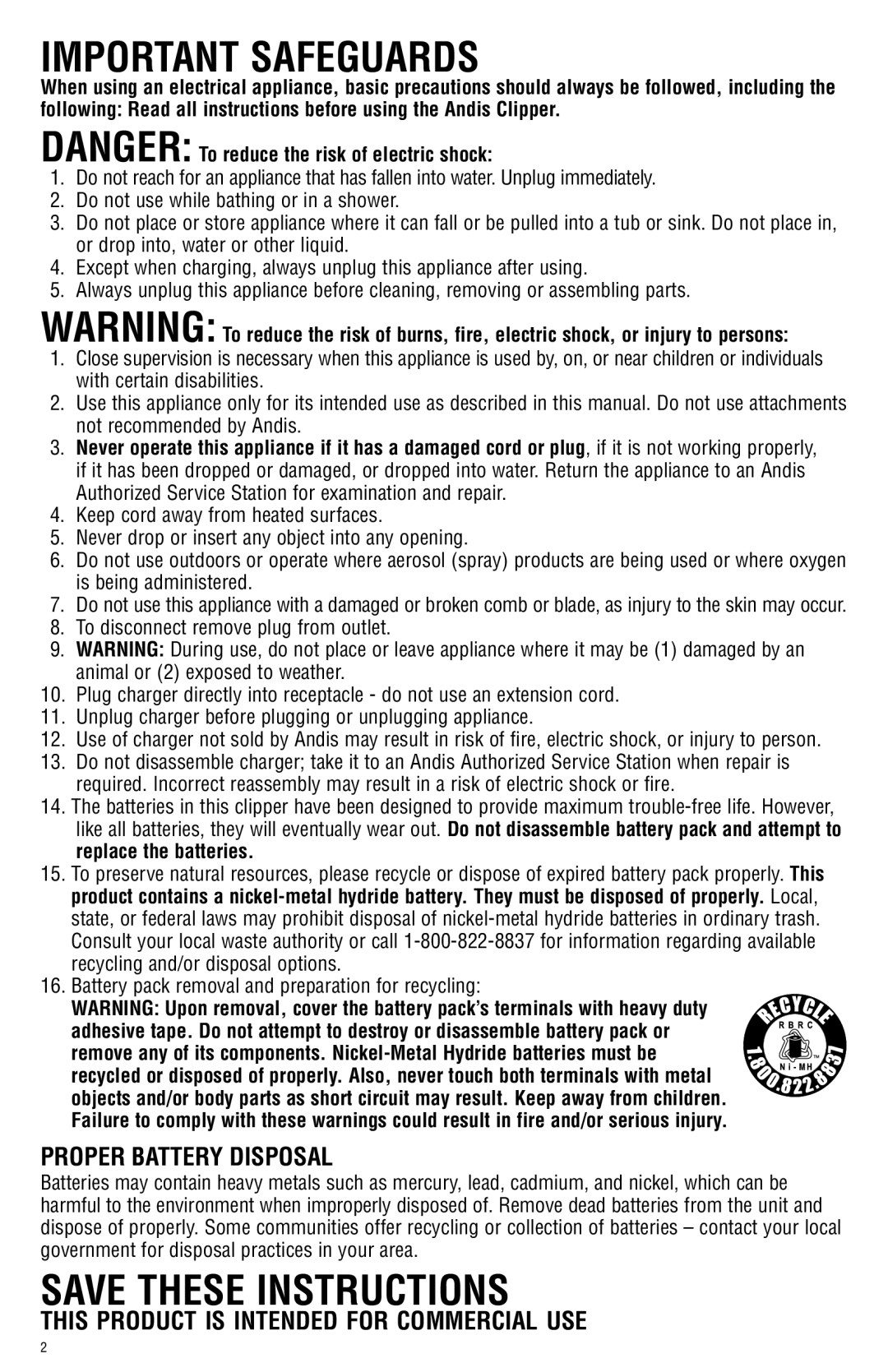 Andis Company AGRC manual Proper Battery Disposal, This Product Is Intended For Commercial Use 