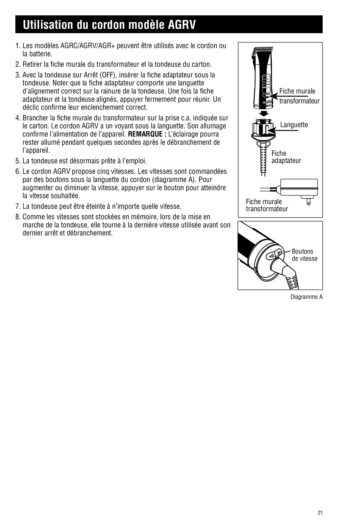 Andis Company AGRC manual Utilisation du cordon modèle Agrv 