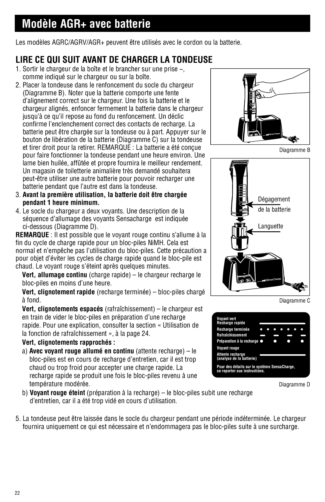 Andis Company AGRC manual Modèle AGR+ avec batterie, Lire CE QUI Suit Avant DE Charger LA Tondeuse, Pendant 1 heure minimum 