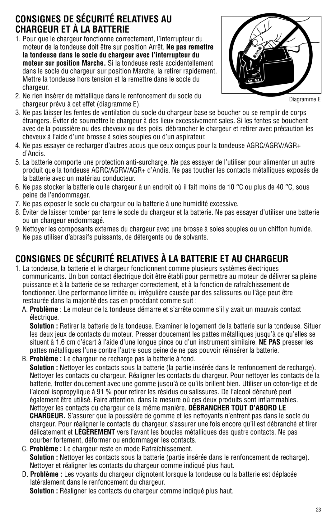 Andis Company AGRC manual Consignes DE Sécurité Relatives À LA Batterie ET AU Chargeur 