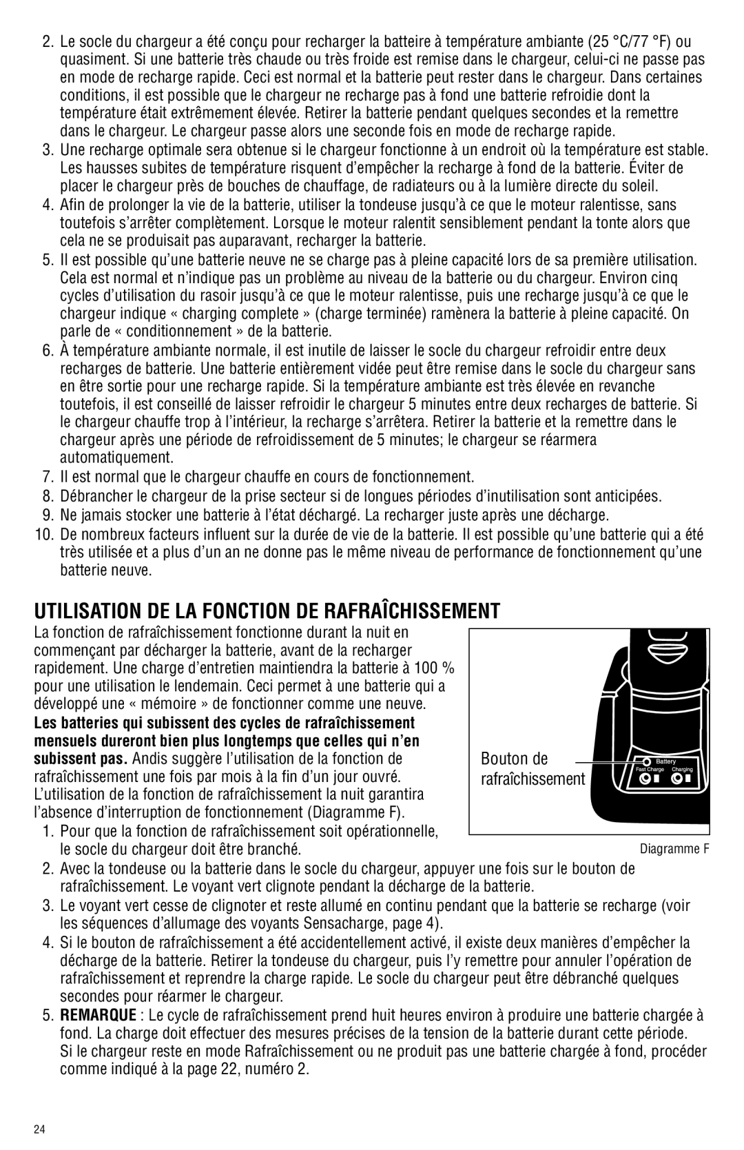 Andis Company AGRC manual Utilisation DE LA Fonction DE Rafraîchissement, Bouton de 