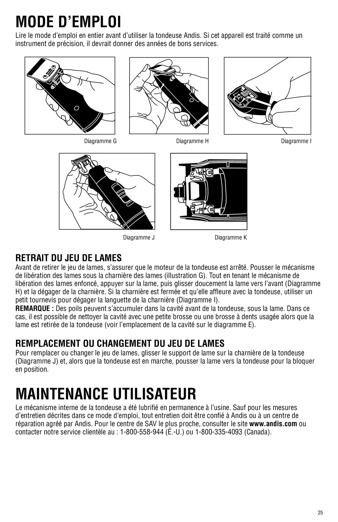 Andis Company AGRC manual Mode D’EMPLOI, Maintenance Utilisateur, Retrait DU JEU DE Lames 