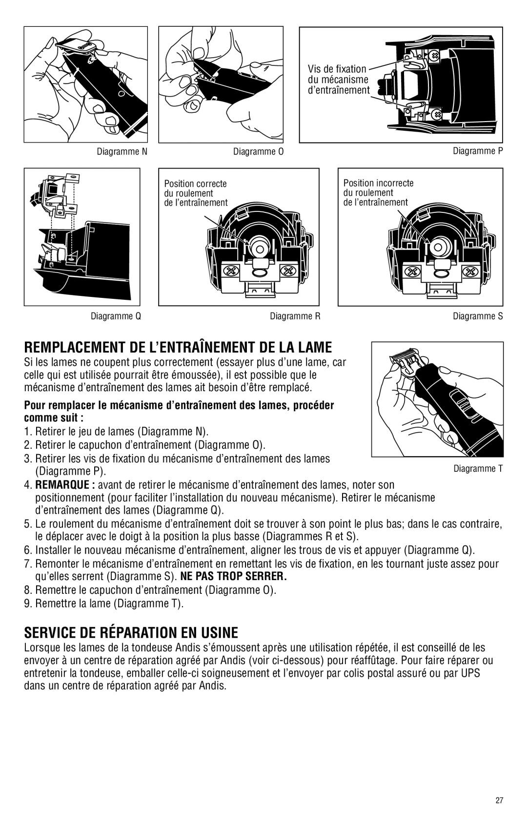 Andis Company AGRC manual Remplacement DE L’ENTRAÎNEMENT DE LA Lame, Service DE Réparation EN Usine 