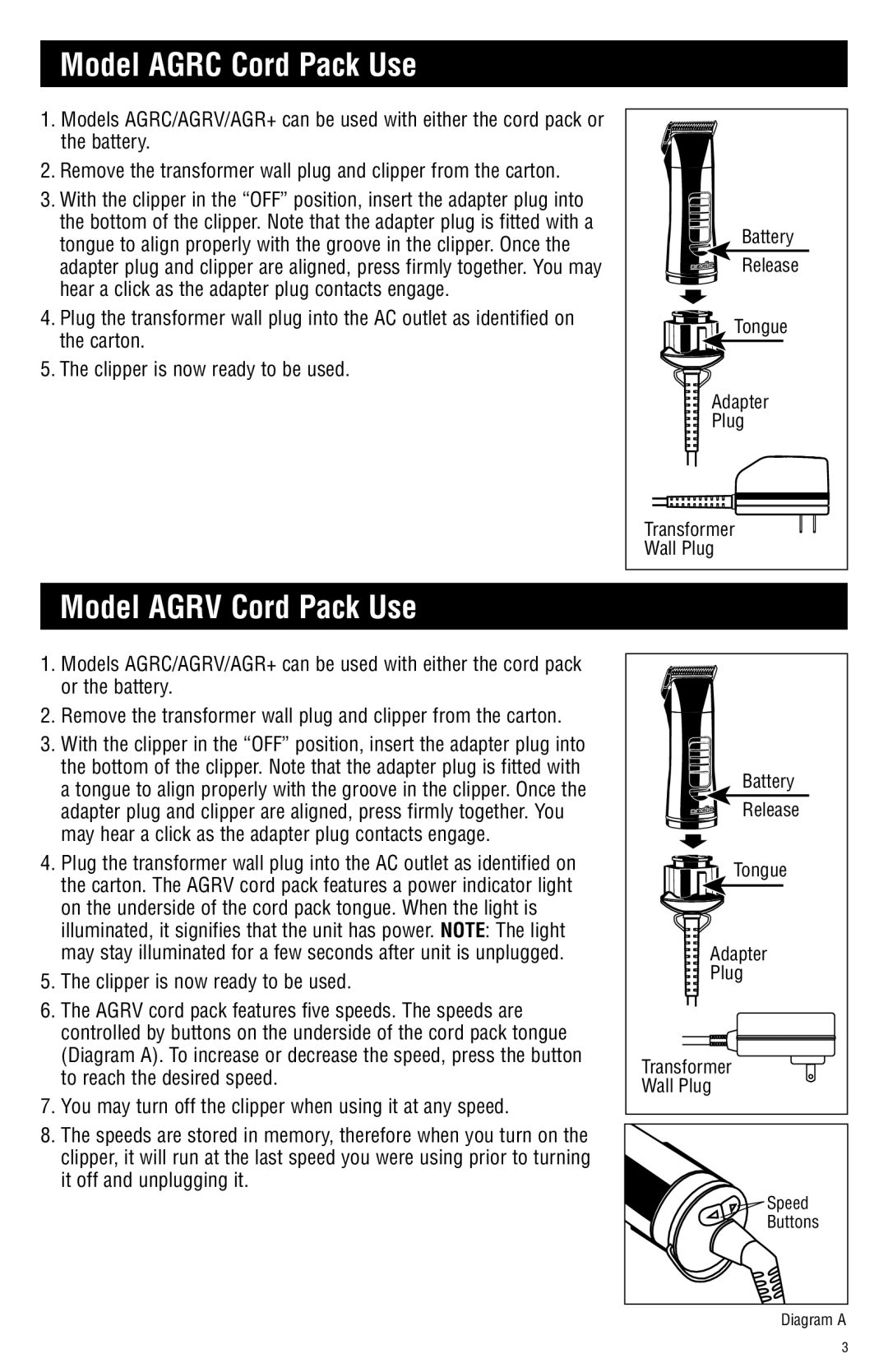 Andis Company AGRC manual Model Agrc Cord Pack Use, Model Agrv Cord Pack Use 