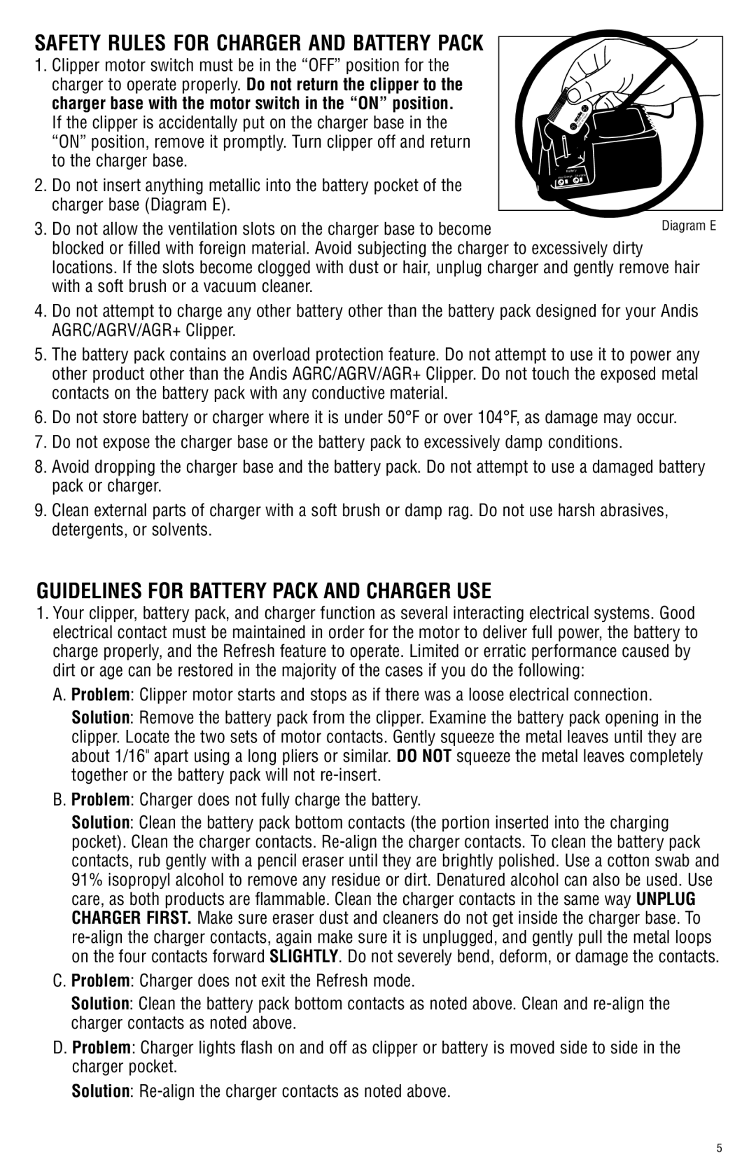 Andis Company AGRC manual Guidelines for Battery Pack and Charger USE, Problem Charger does not fully charge the battery 