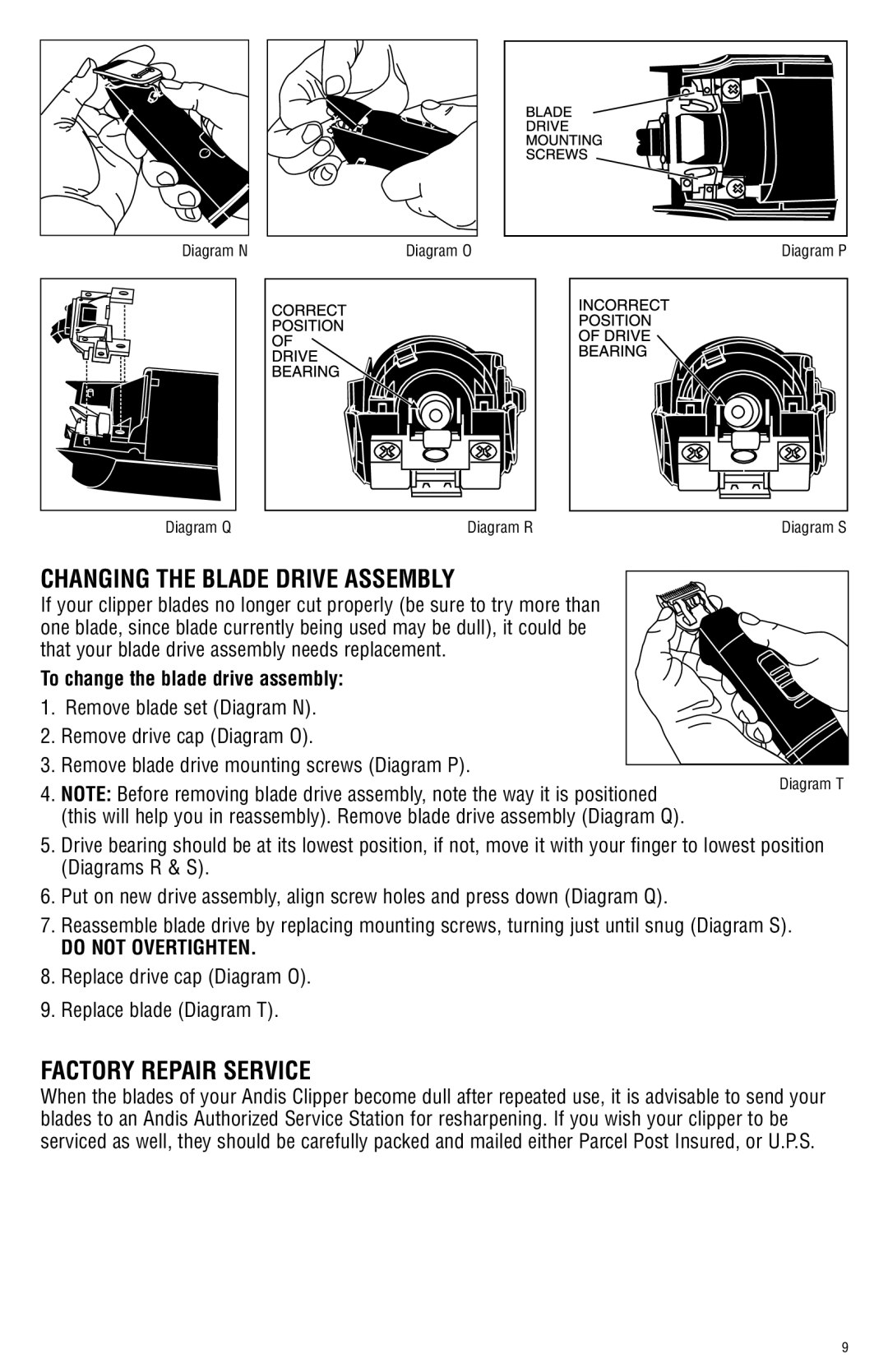 Andis Company AGRC manual To change the blade drive assembly, Do not overtighten 