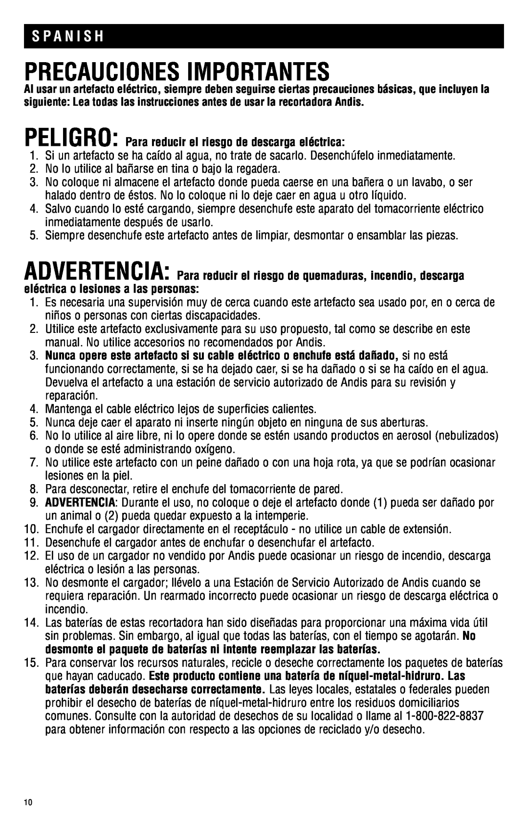 Andis Company AGRC manual precauciones importantes, S P A N I S H 