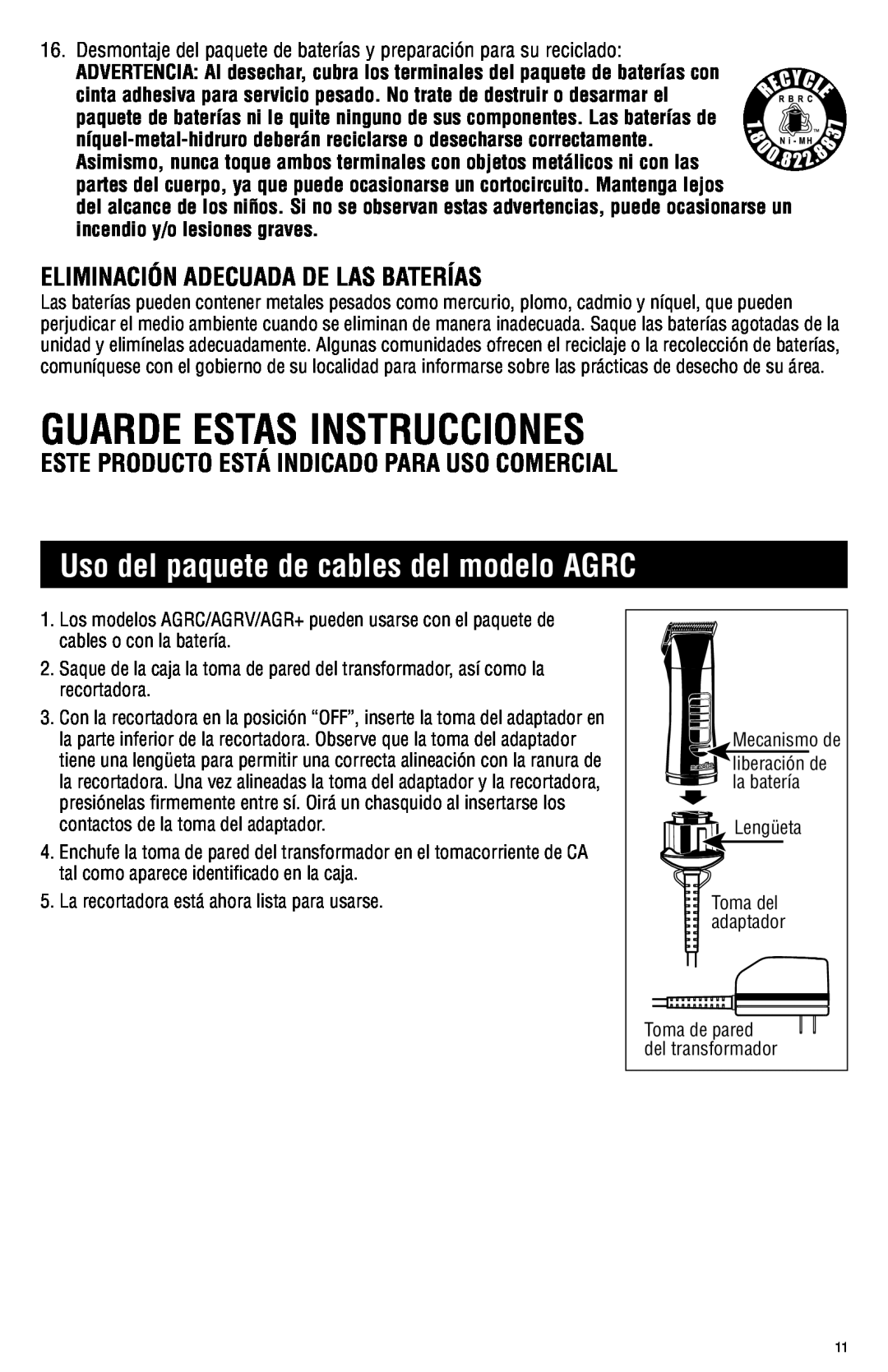 Andis Company manual Guarde Estas Instrucciones, Uso del paquete de cables del modelo AGRC 