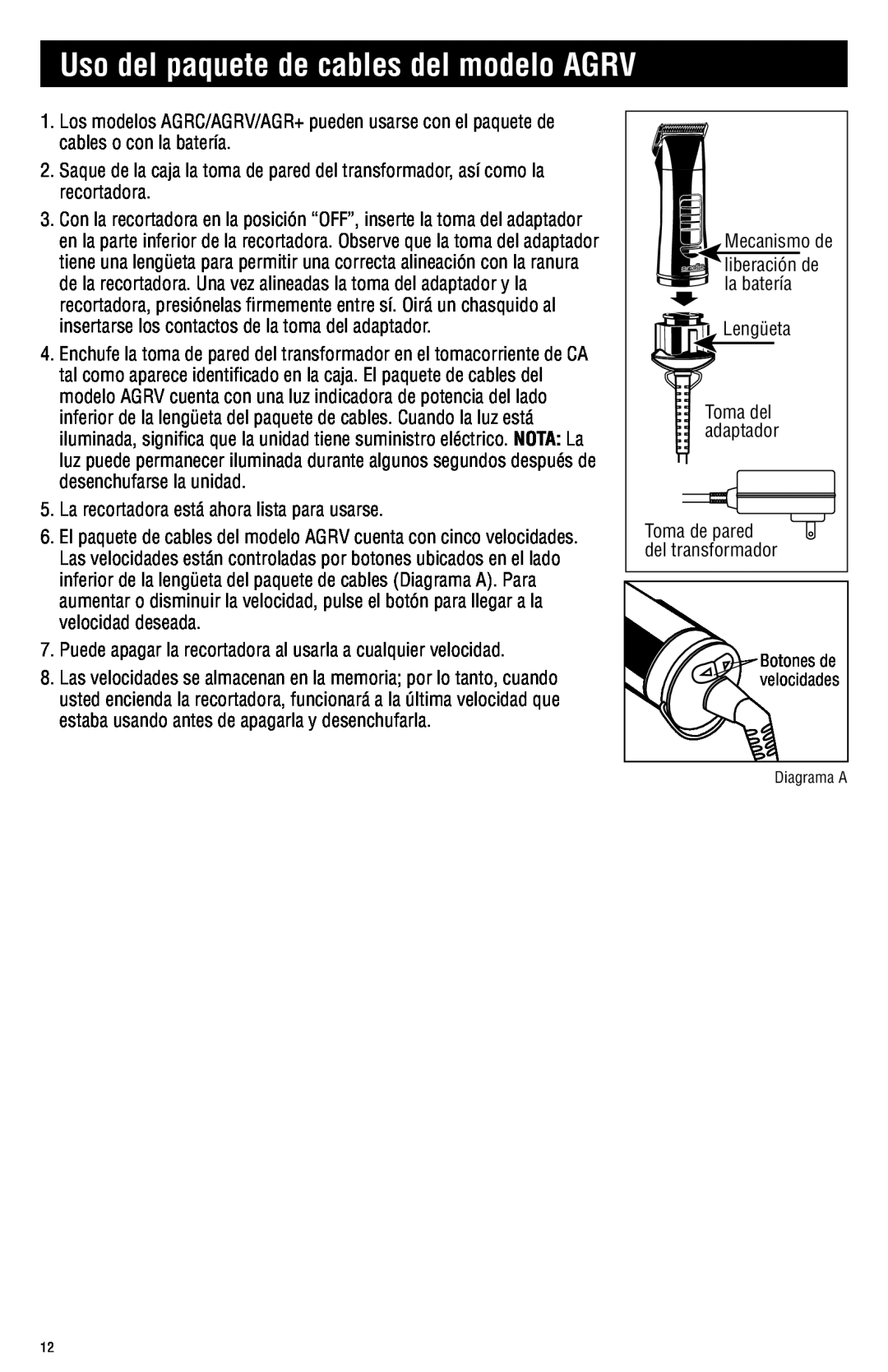 Andis Company AGRC manual Uso del paquete de cables del modelo AGRV 