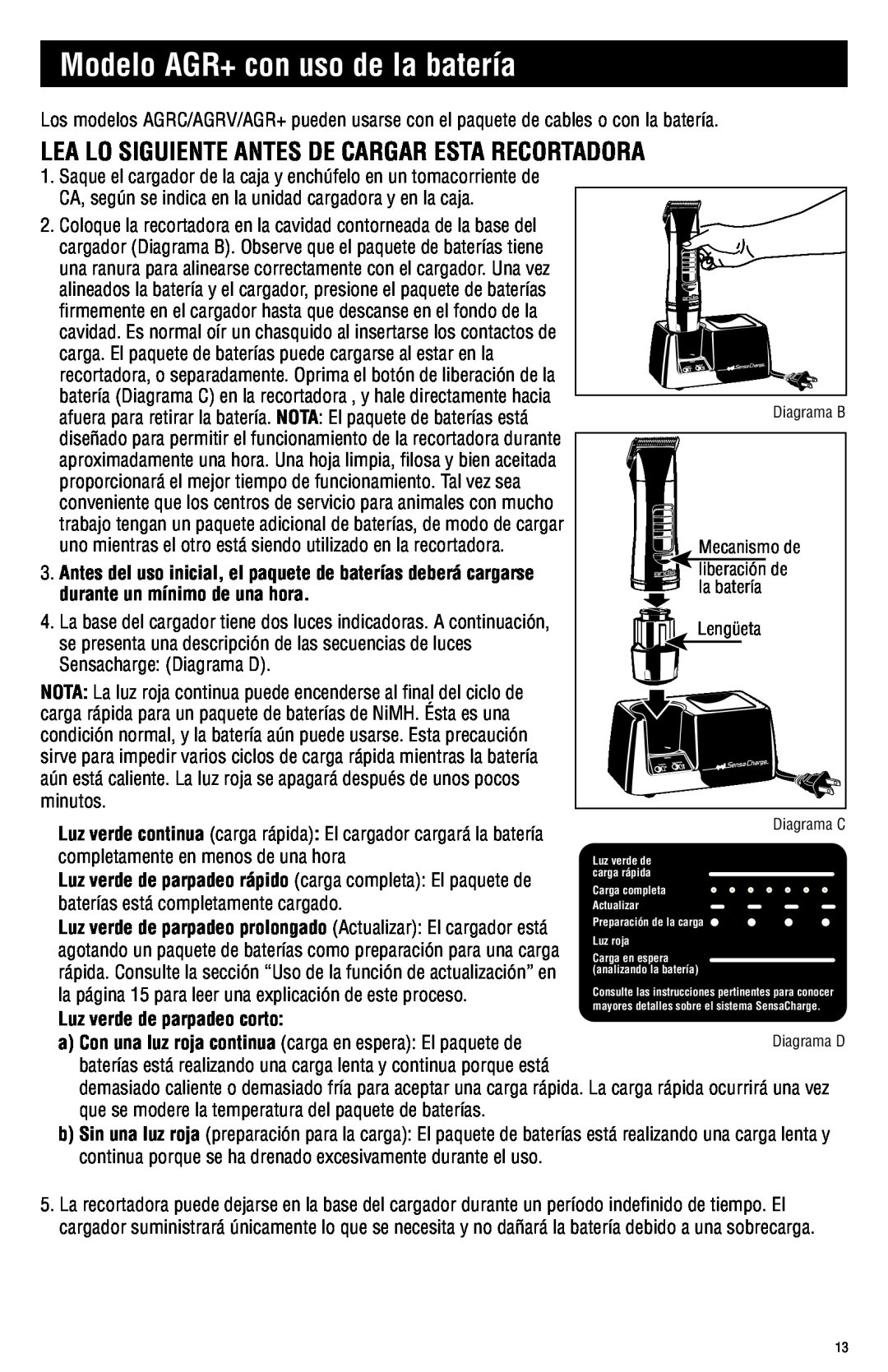 Andis Company AGRC manual Modelo AGR+ con uso de la batería, Lea Lo Siguiente Antes De Cargar Esta Recortadora 
