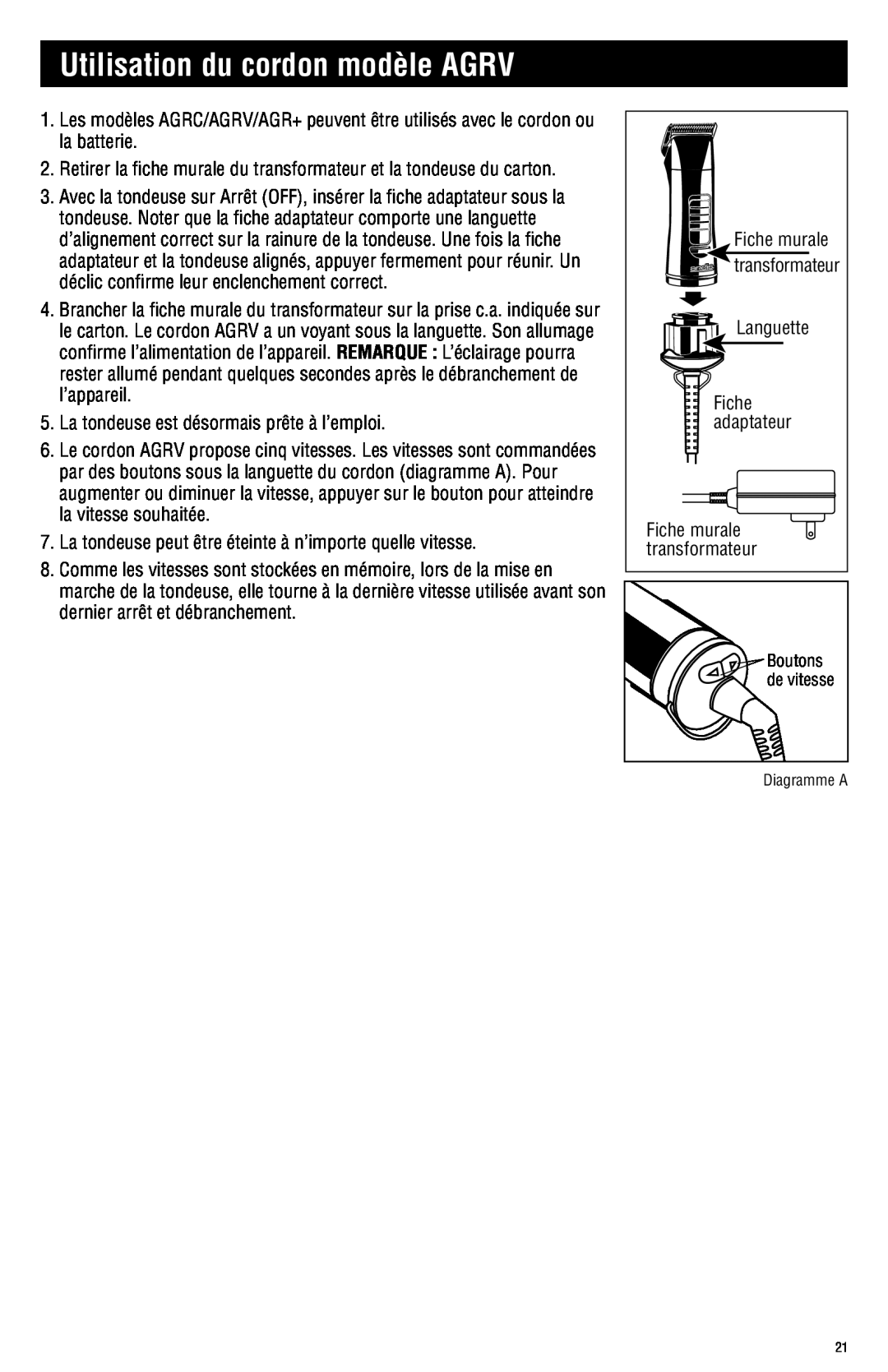 Andis Company AGRC manual Utilisation du cordon modèle AGRV 