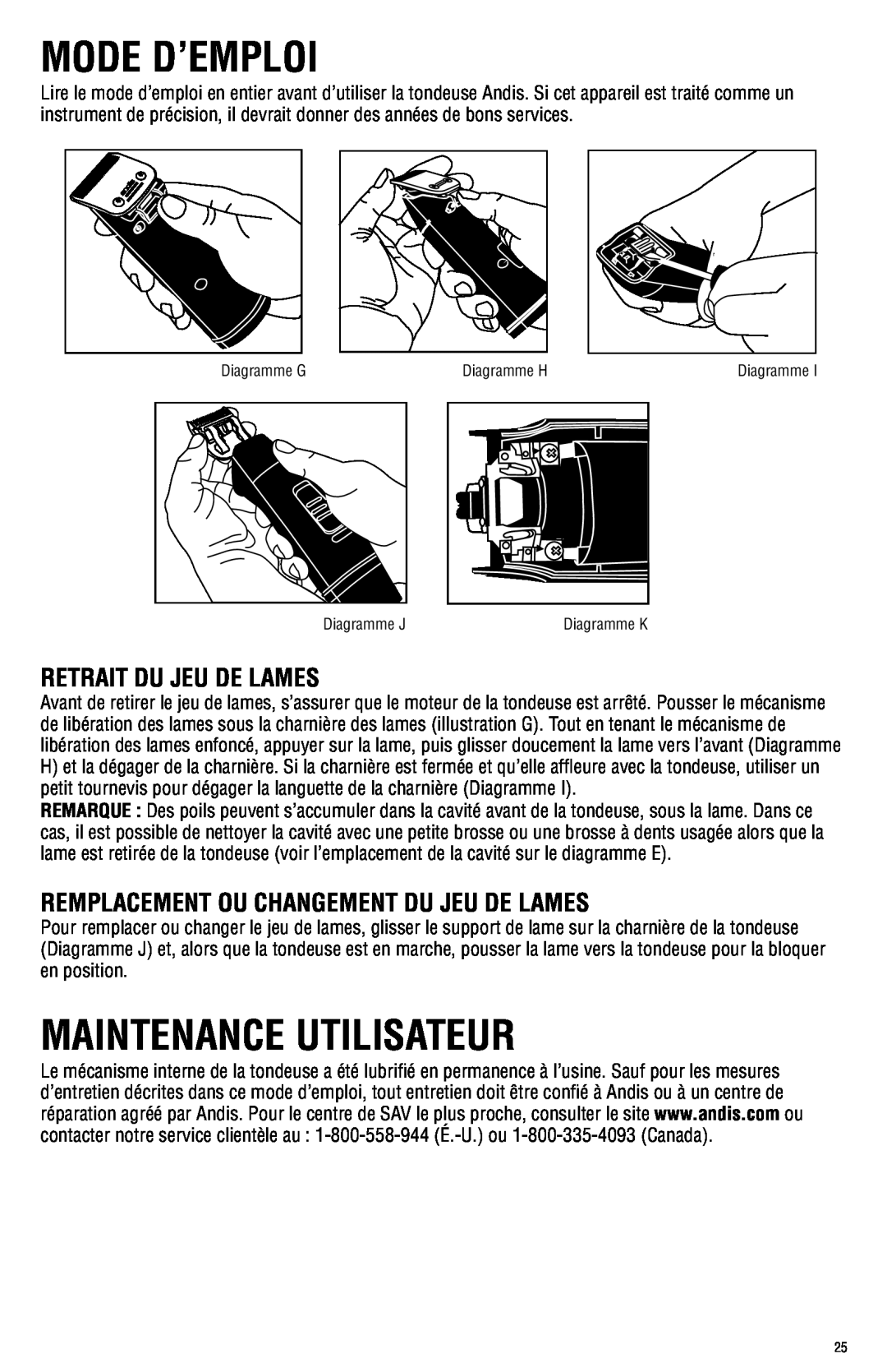 Andis Company AGRC manual Mode D’Emploi, Maintenance Utilisateur, Retrait Du Jeu De Lames 