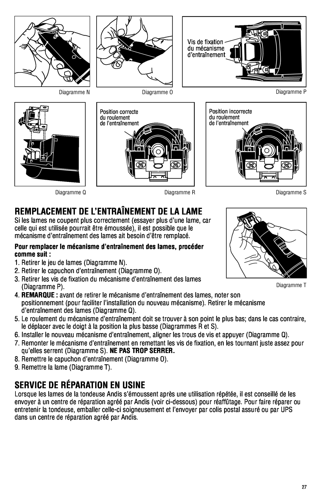 Andis Company AGRC manual Remplacement De L’Entraînement De La Lame, Service De Réparation En Usine 