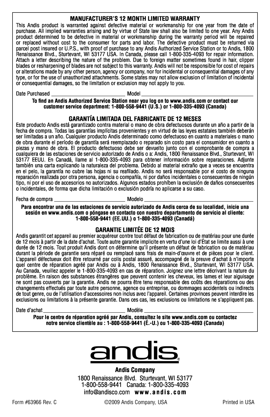 Andis Company AGRC Manufacturer’s 12 Month Limited Warranty, GARANTÍA LIMITADA DEL FABRICANTE DE 12 MESES, Andis Company 