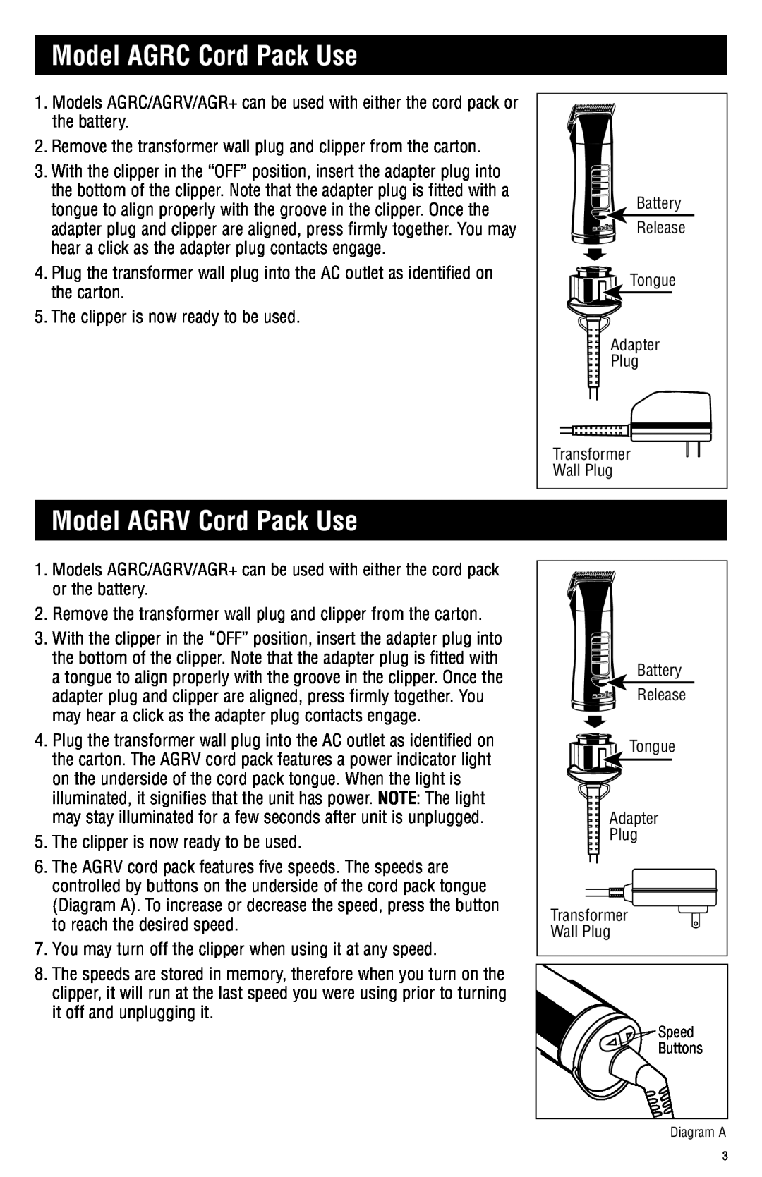 Andis Company manual Model AGRC Cord Pack Use, Model AGRV Cord Pack Use 