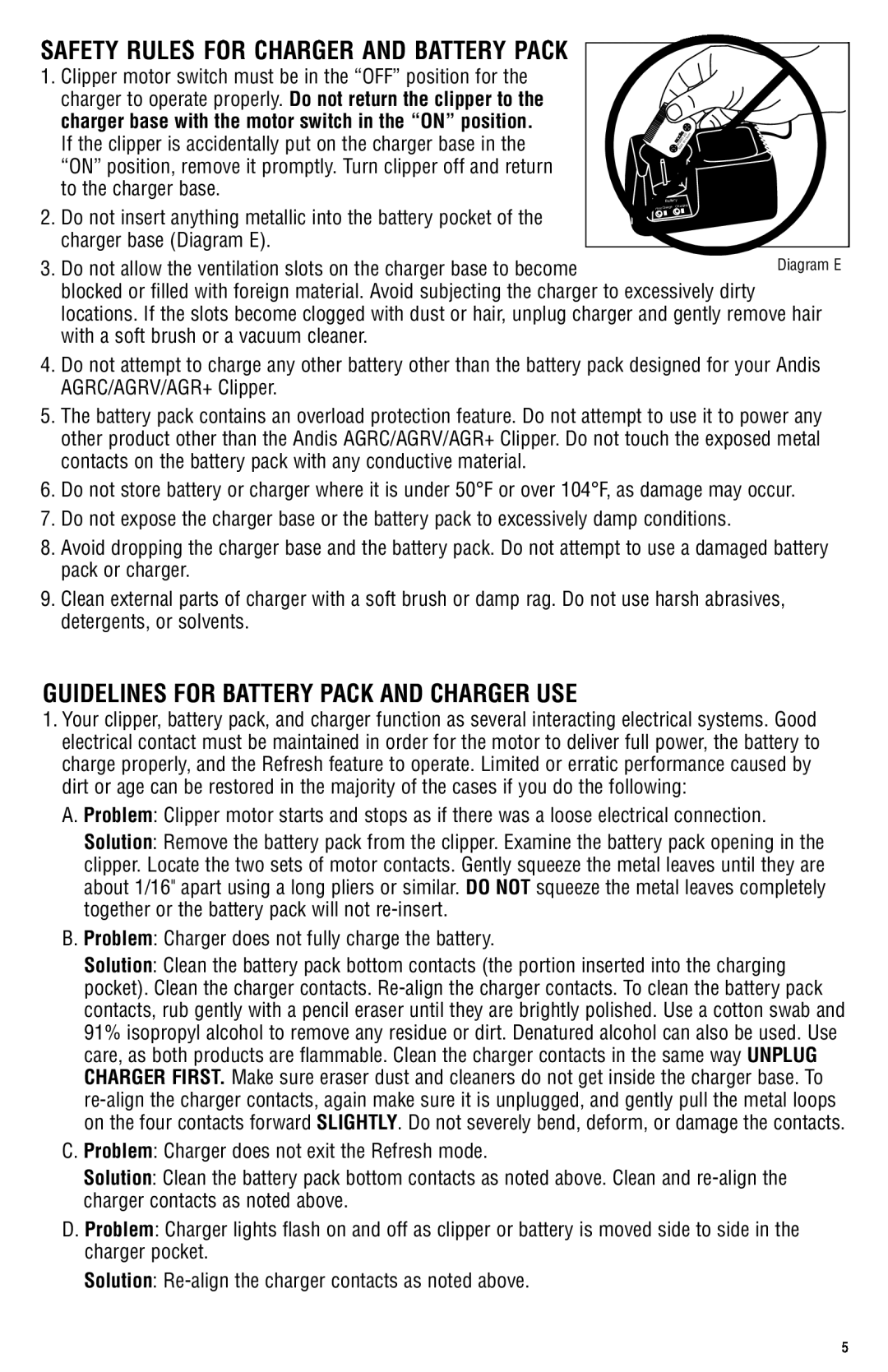 Andis Company AGRC manual Guidelines For Battery Pack And Charger Use, Safety Rules For Charger And Battery Pack 