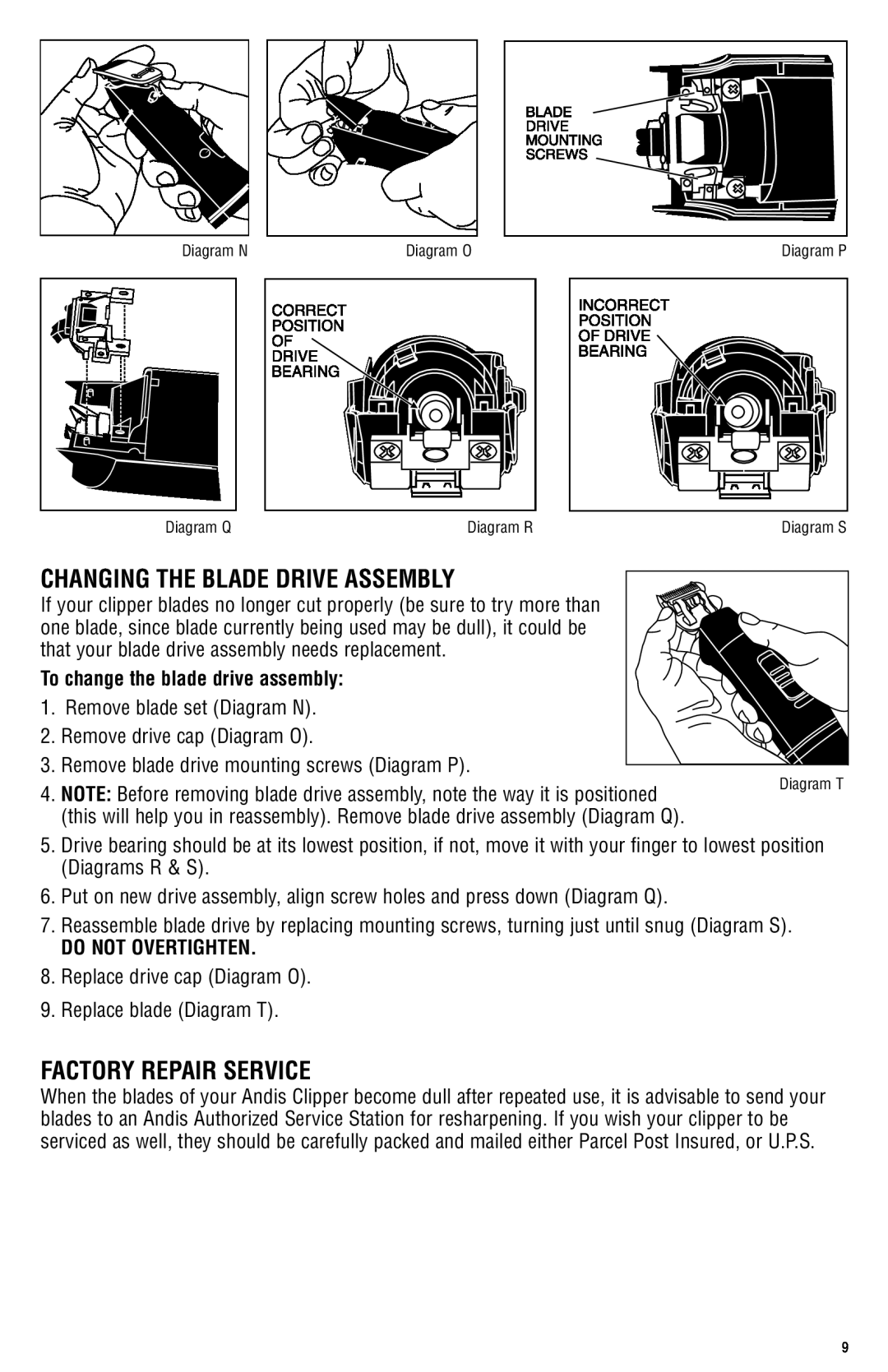 Andis Company AGRC manual changing the blade DRIVE assembly, factory repair service, To change the blade drive assembly 