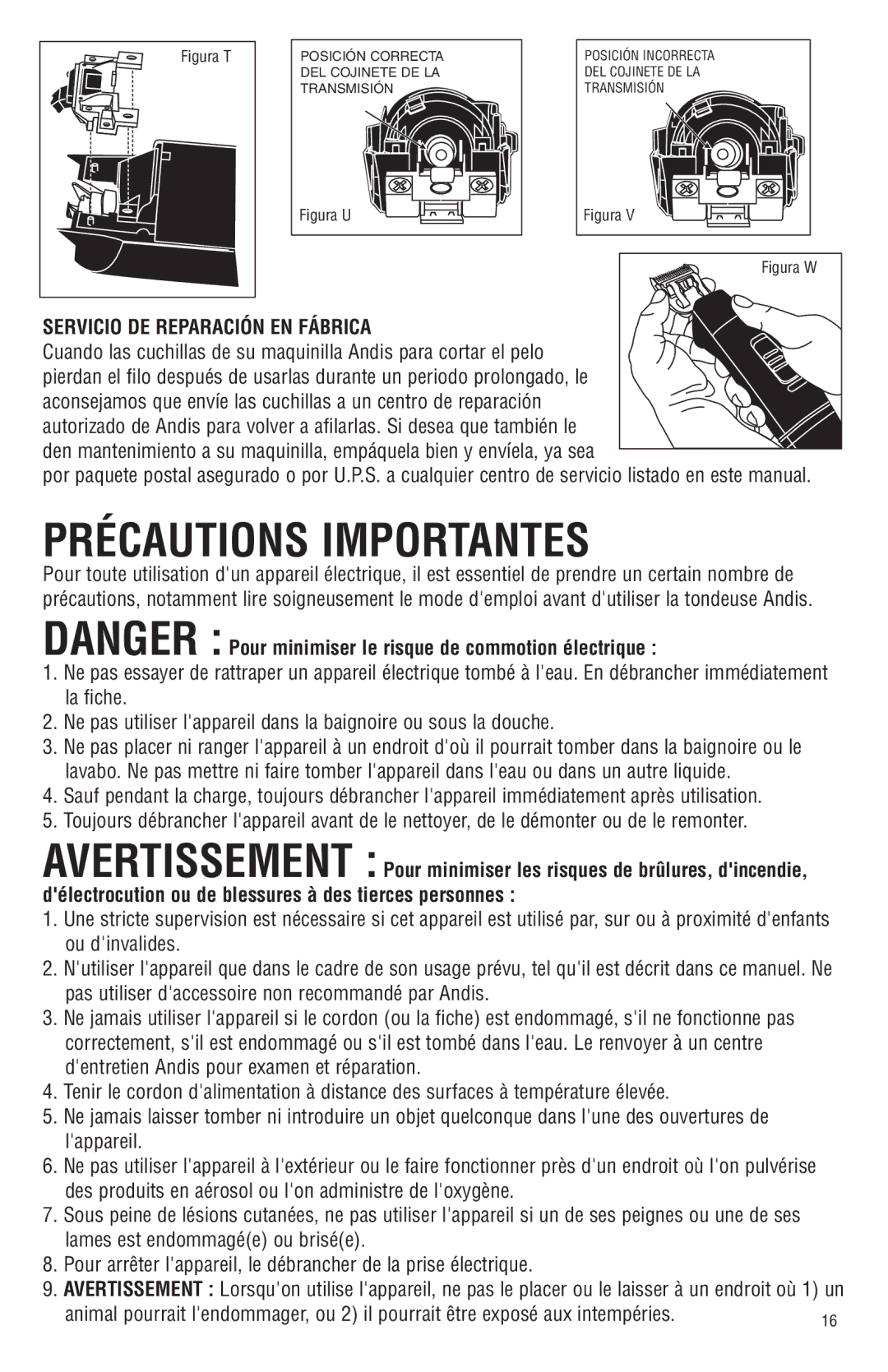 Andis Company Andis AGR+ AGRC manual Précautions Importantes, Servicio DE Reparación EN Fábrica 