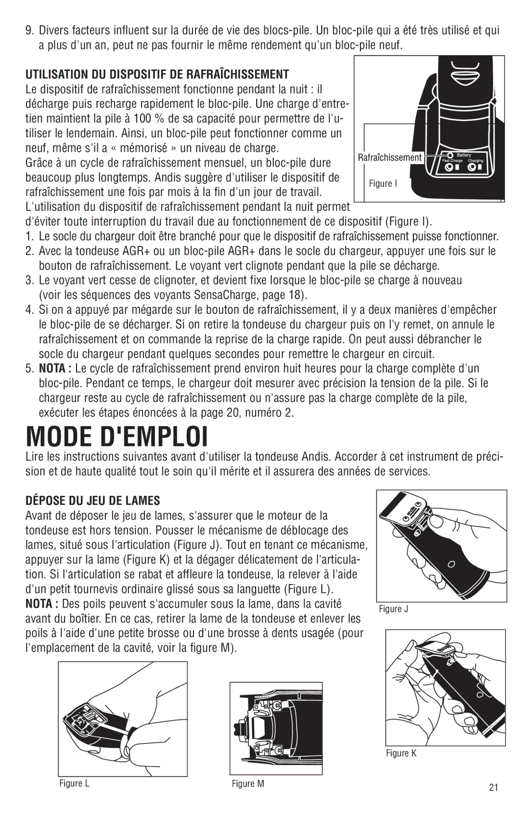 Andis Company Andis AGR+ AGRC manual Mode Demploi, Utilisation DU Dispositif DE Rafraîchissement, Dépose DU JEU DE Lames 