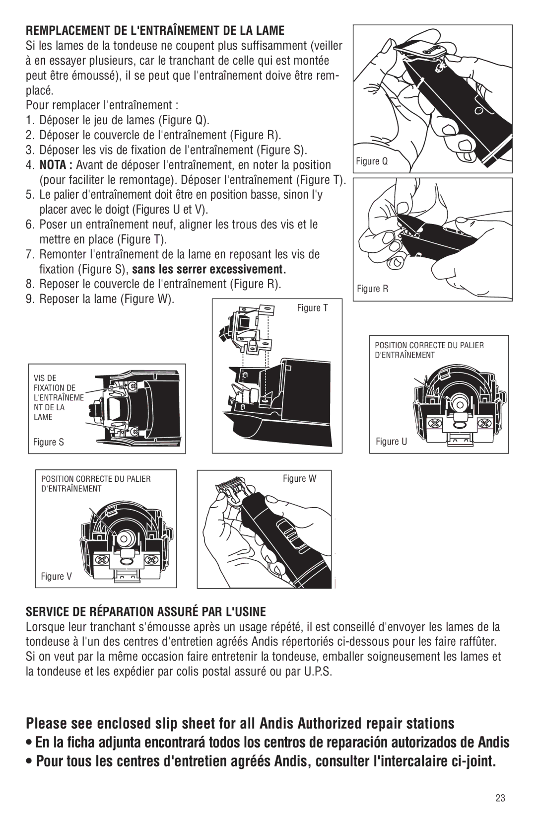 Andis Company Andis AGR+ AGRC manual Remplacement DE Lentraînement DE LA Lame, Service DE Réparation Assuré PAR Lusine 