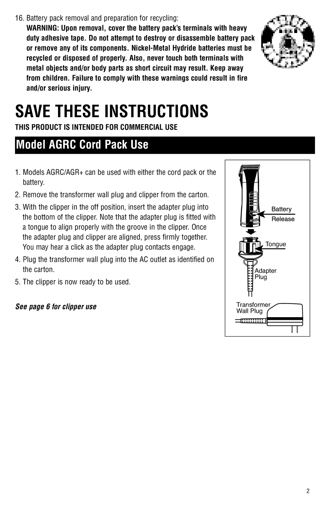 Andis Company Andis AGR+ AGRC manual Model Agrc Cord Pack Use, This Product is Intended for Commercial USE 