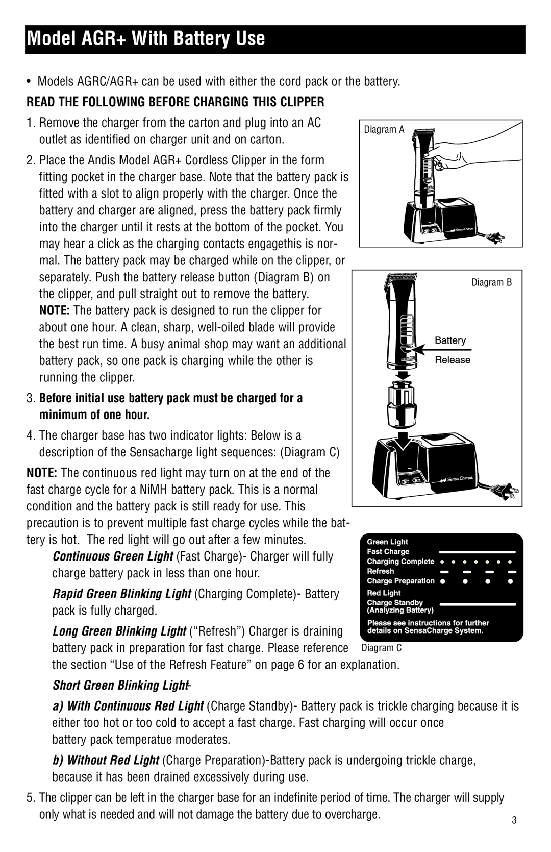 Andis Company Andis AGR+ AGRC manual Model AGR+ With Battery Use, Read the Following Before Charging this Clipper 