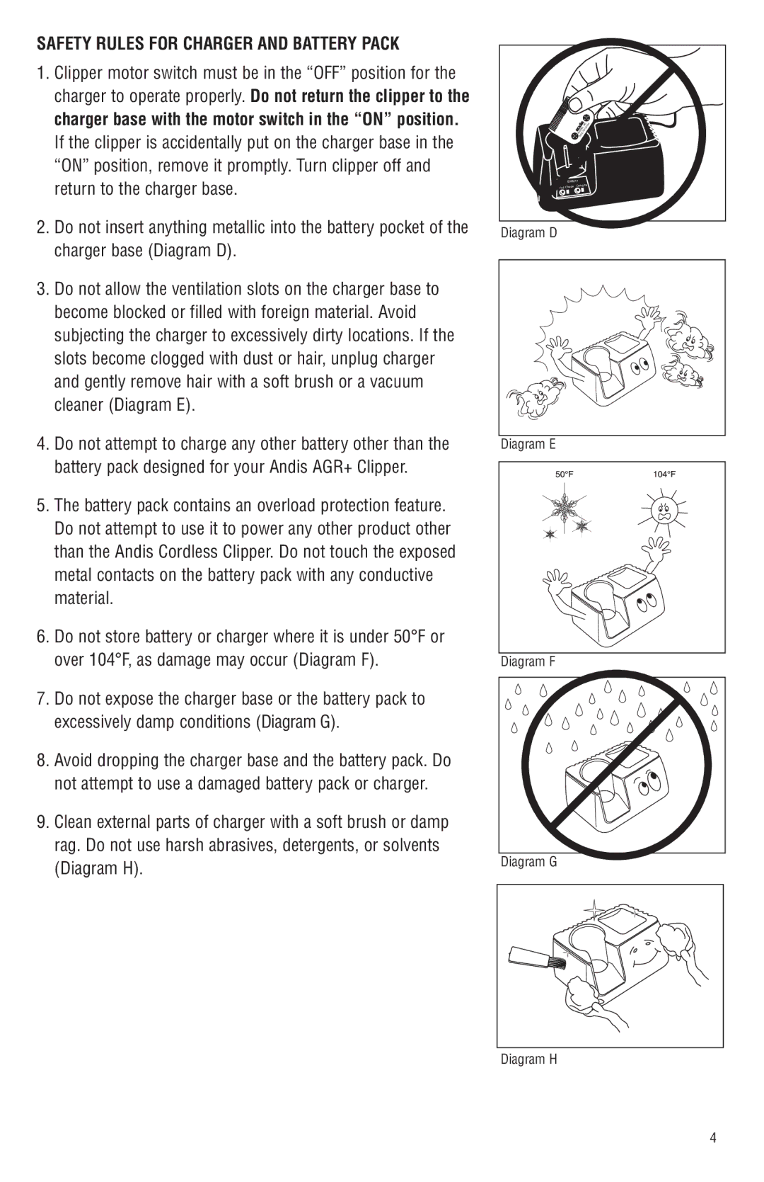 Andis Company Andis AGR+ AGRC manual Safety Rules for Charger and Battery Pack 