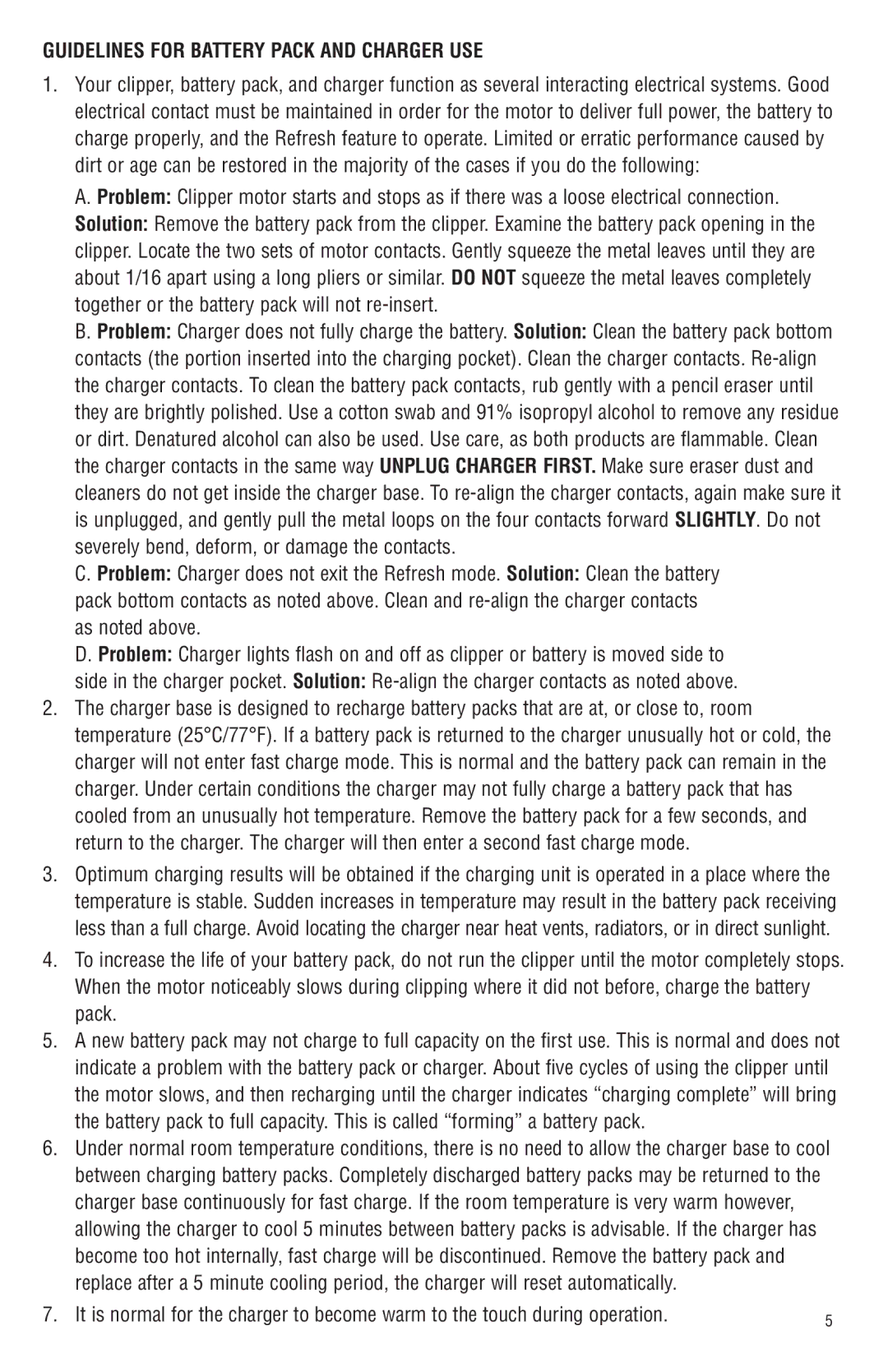 Andis Company Andis AGR+ AGRC manual Guidelines for Battery Pack and Charger USE 