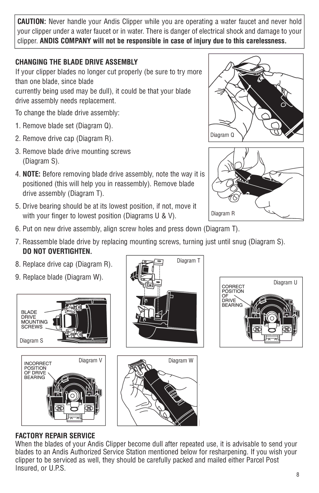 Andis Company Andis AGR+ AGRC manual Changing the Blade Drive Assembly, Do not Overtighten, Factory Repair Service 