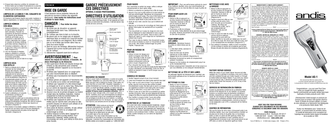 Andis Company AS-1 warranty Limpieza Húmeda CON Agua, Limpieza Seca CON Cepillo, Recharge DU Rasoir, Conseils DE Rasage 