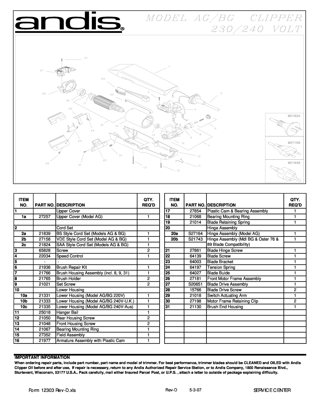 Andis Company BG manual Form 12303 Rev-D.xls, Service Center 