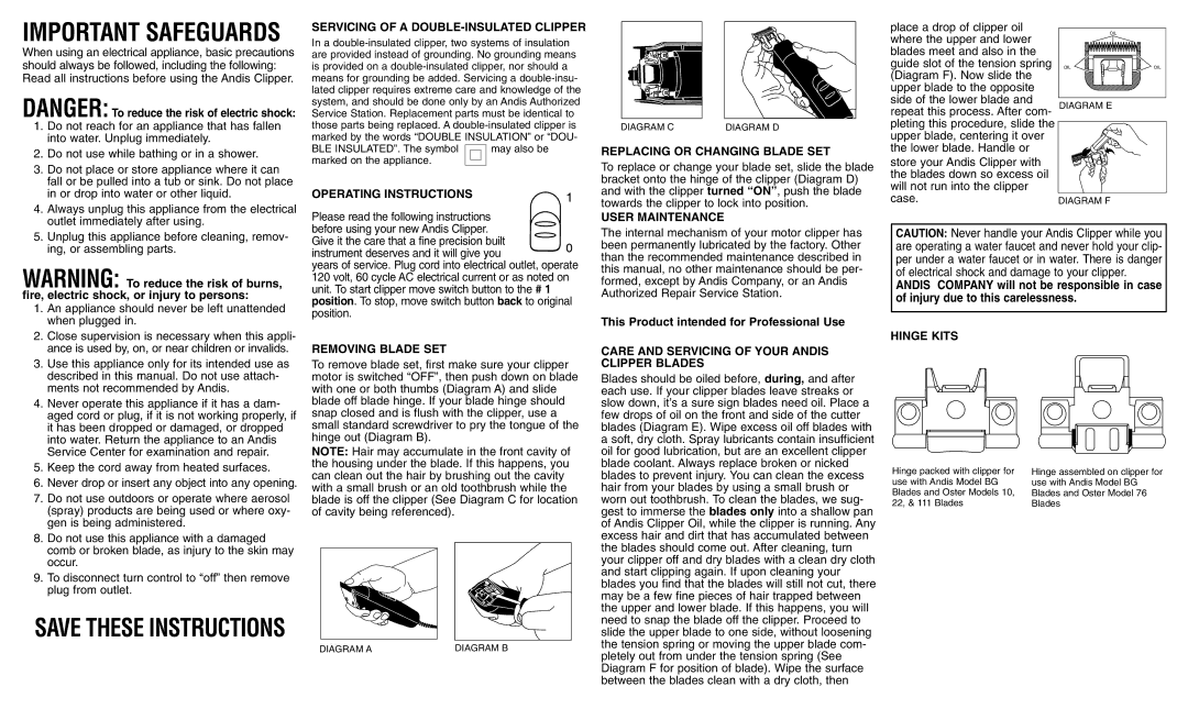 Andis Company BGC warranty Servicing of a DOUBLE-INSULATED Clipper, Operating Instructions, Replacing or Changing Blade SET 