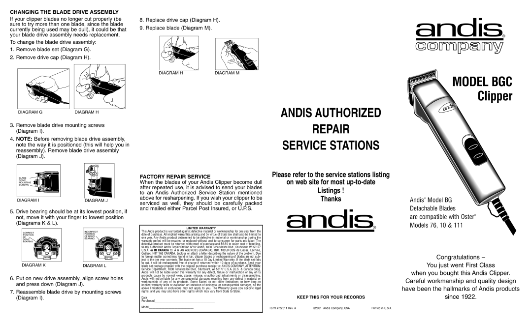Andis Company warranty Andis Authorized Repair Service Stations, MODEL BGC Clipper, when you bought this Andis Clipper 