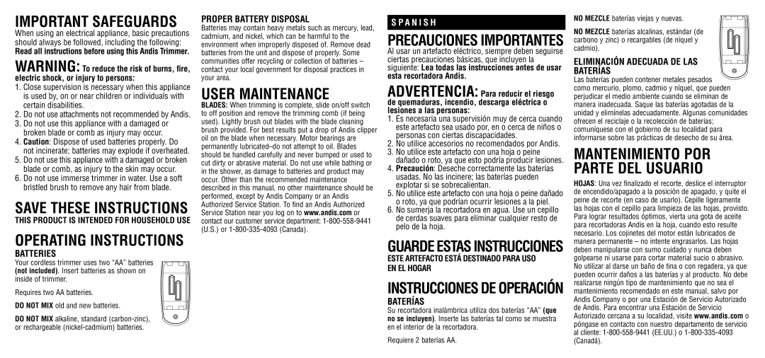 Andis Company BTB warranty User Maintenance, Batteries, Proper Battery Disposal, Eliminación Adecuada DE LAS Baterías 