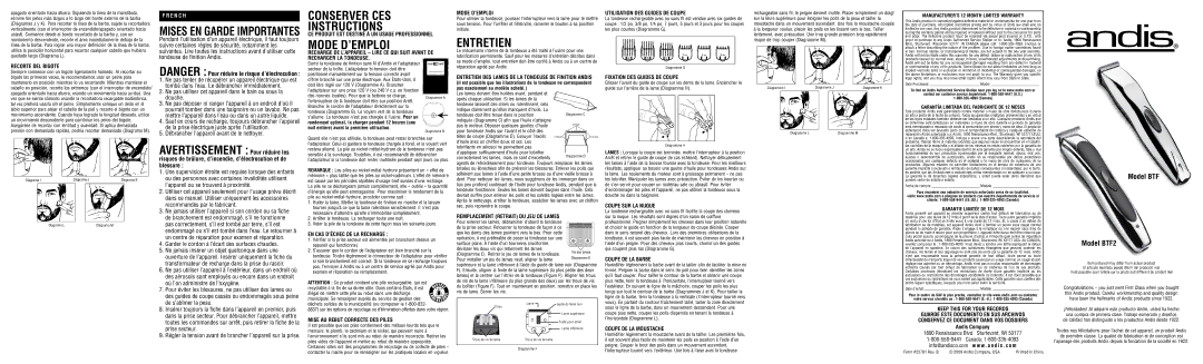 Andis Company BTF2 warranty CE Produit EST Destiné À UN Usage Professionnel, Utilisation DES Guides DE Coupe 