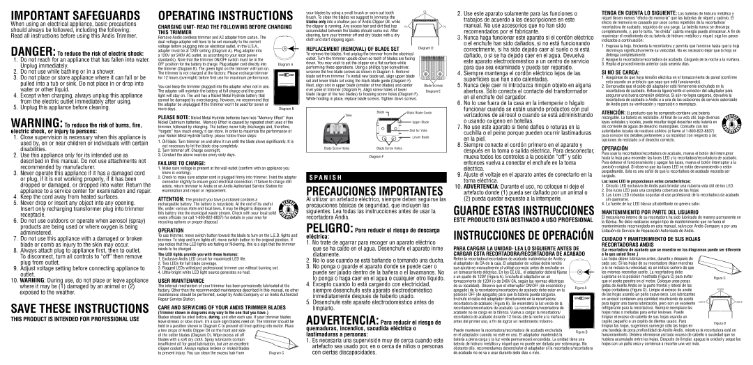 Andis Company BTFL warranty This Product is Intended for Professional USE, Failure to Charge, Operation, User Maintenance 